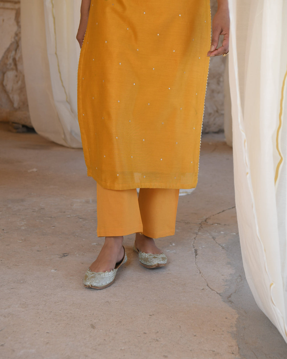 MUSTARD PURE BAMBOO CHANDERI KURTA SET
