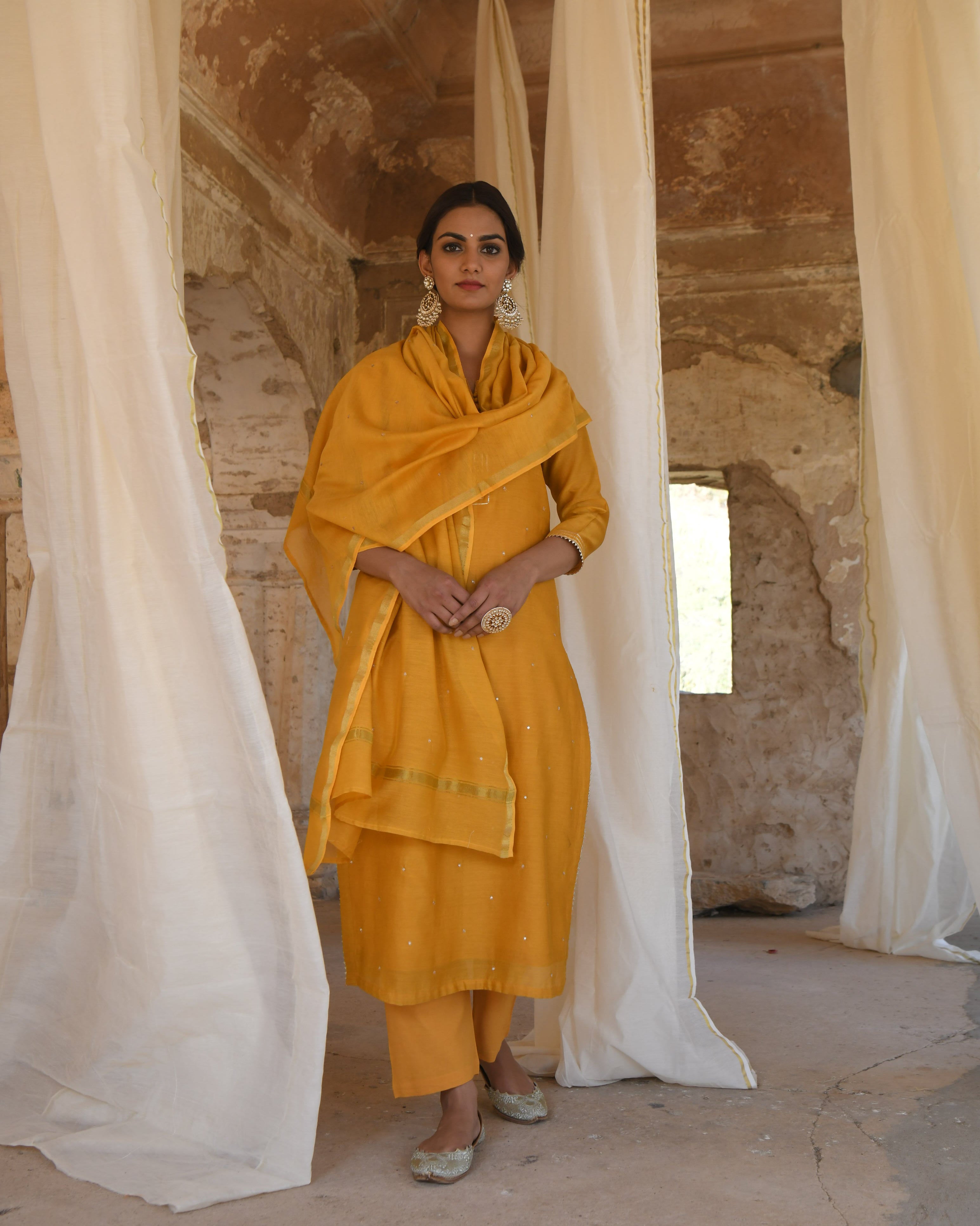 MUSTARD PURE BAMBOO CHANDERI KURTA SET