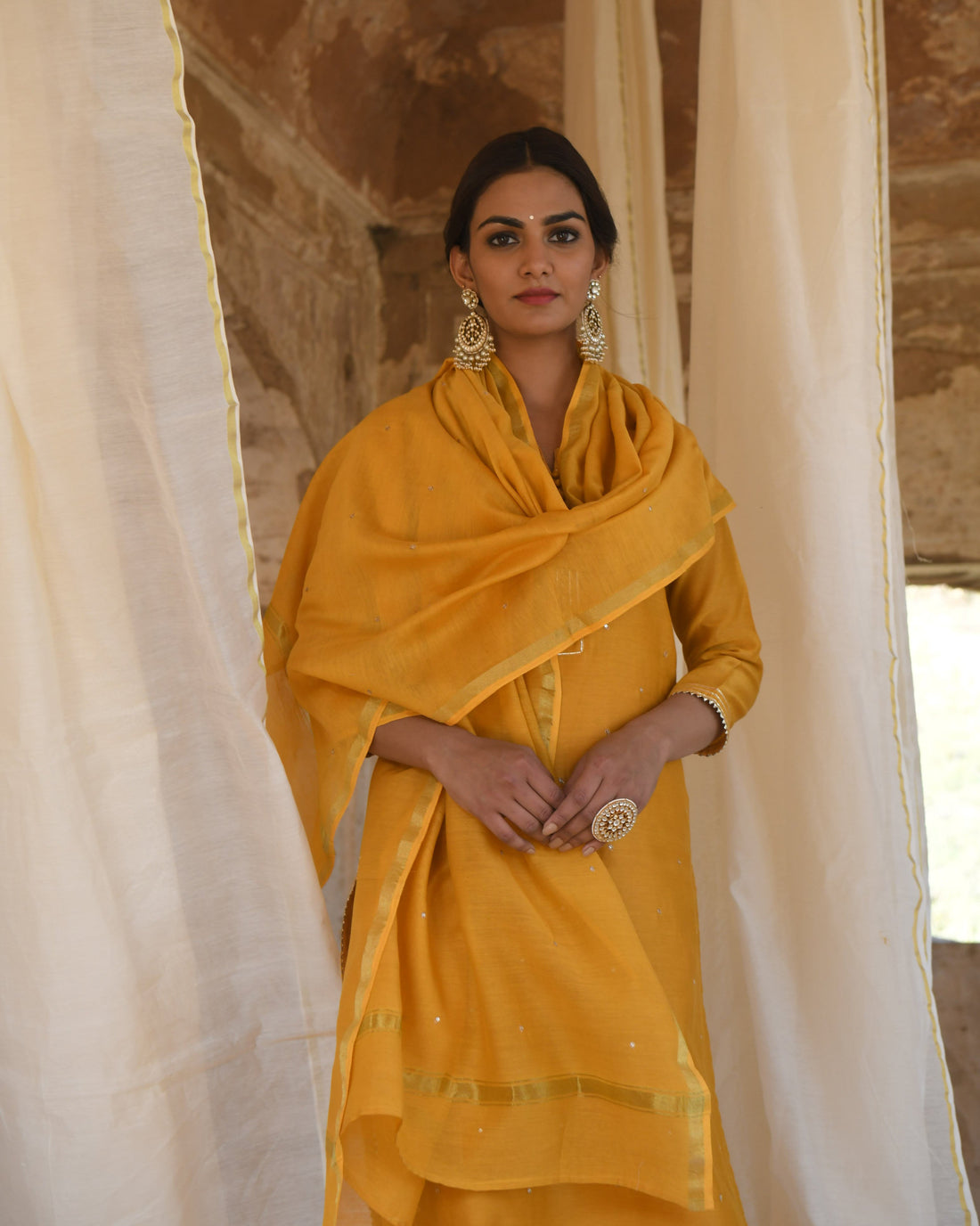 MUSTARD PURE BAMBOO CHANDERI KURTA SET
