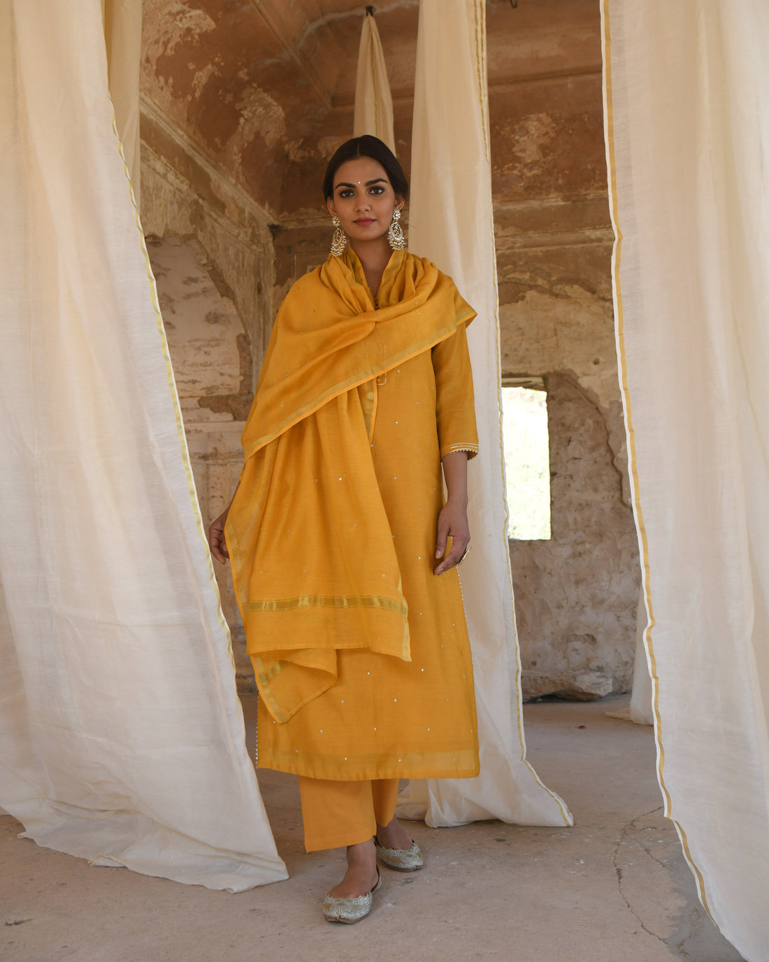 MUSTARD PURE BAMBOO CHANDERI KURTA SET