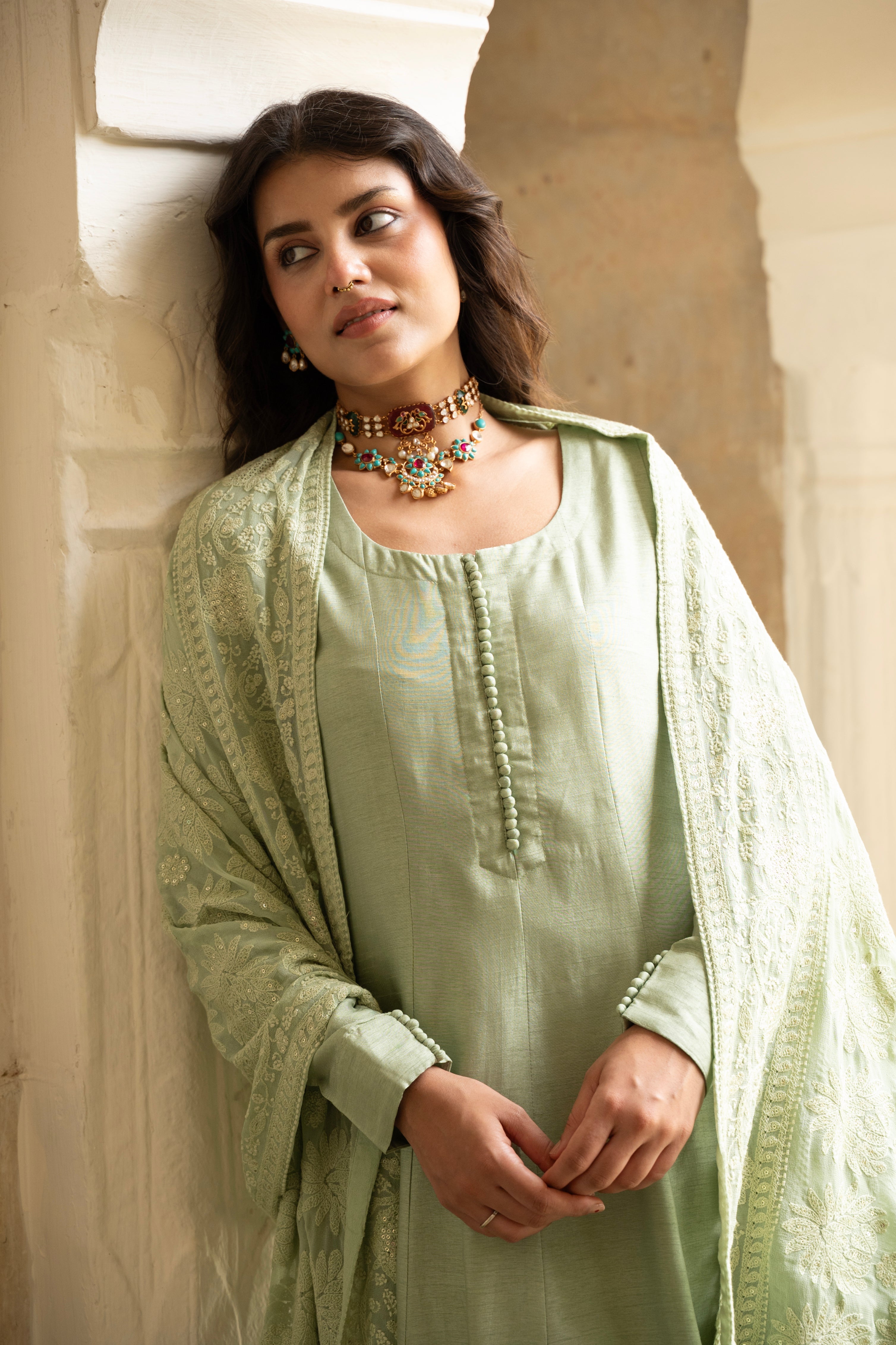 SAGE GREEN PURE DOLA SILK ANARKALI SET