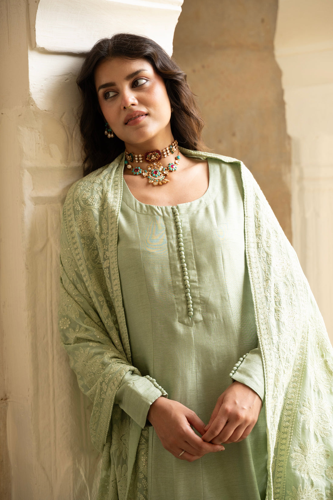 SAGE GREEN PURE DOLA SILK ANARKALI SET