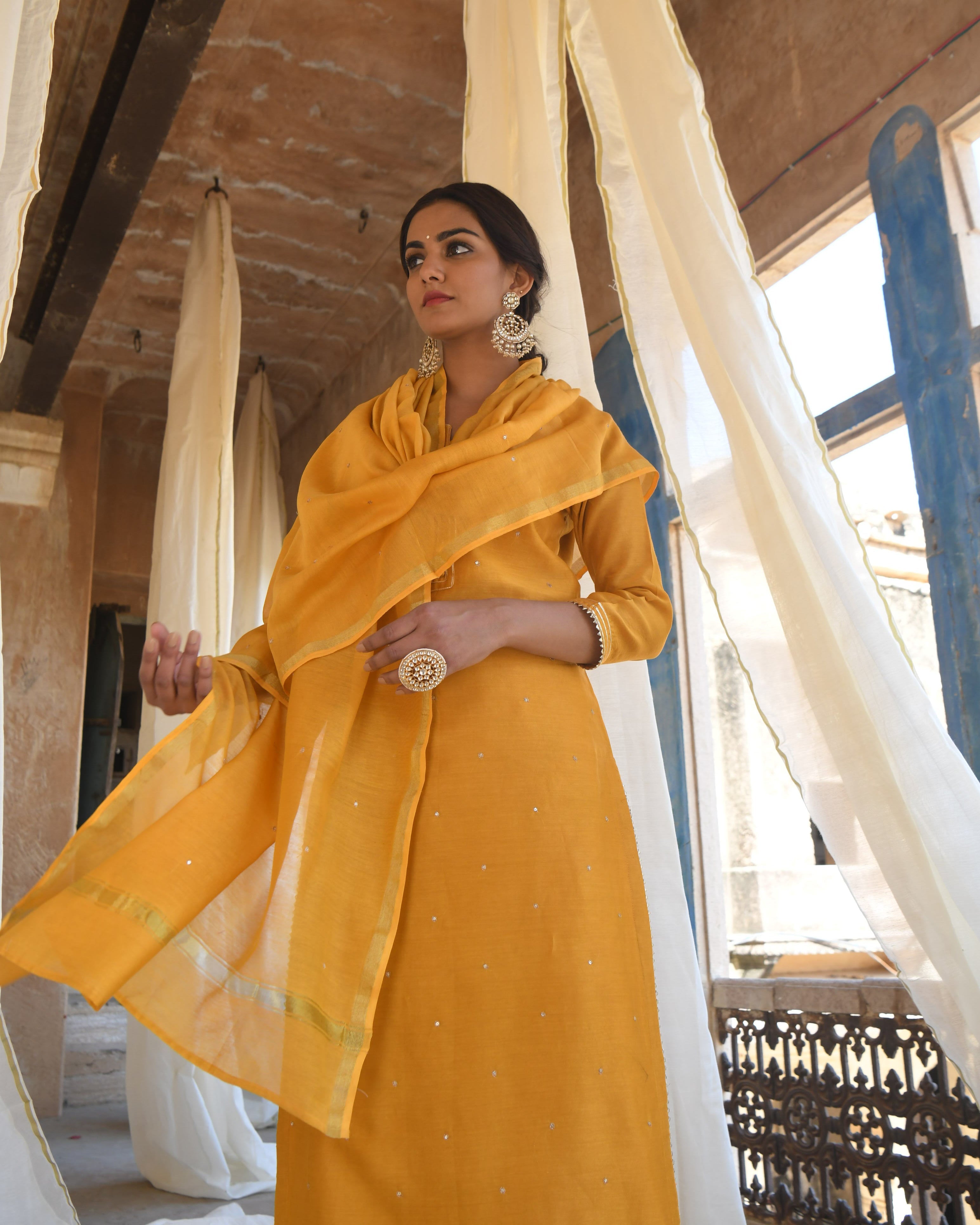 MUSTARD PURE BAMBOO CHANDERI KURTA SET