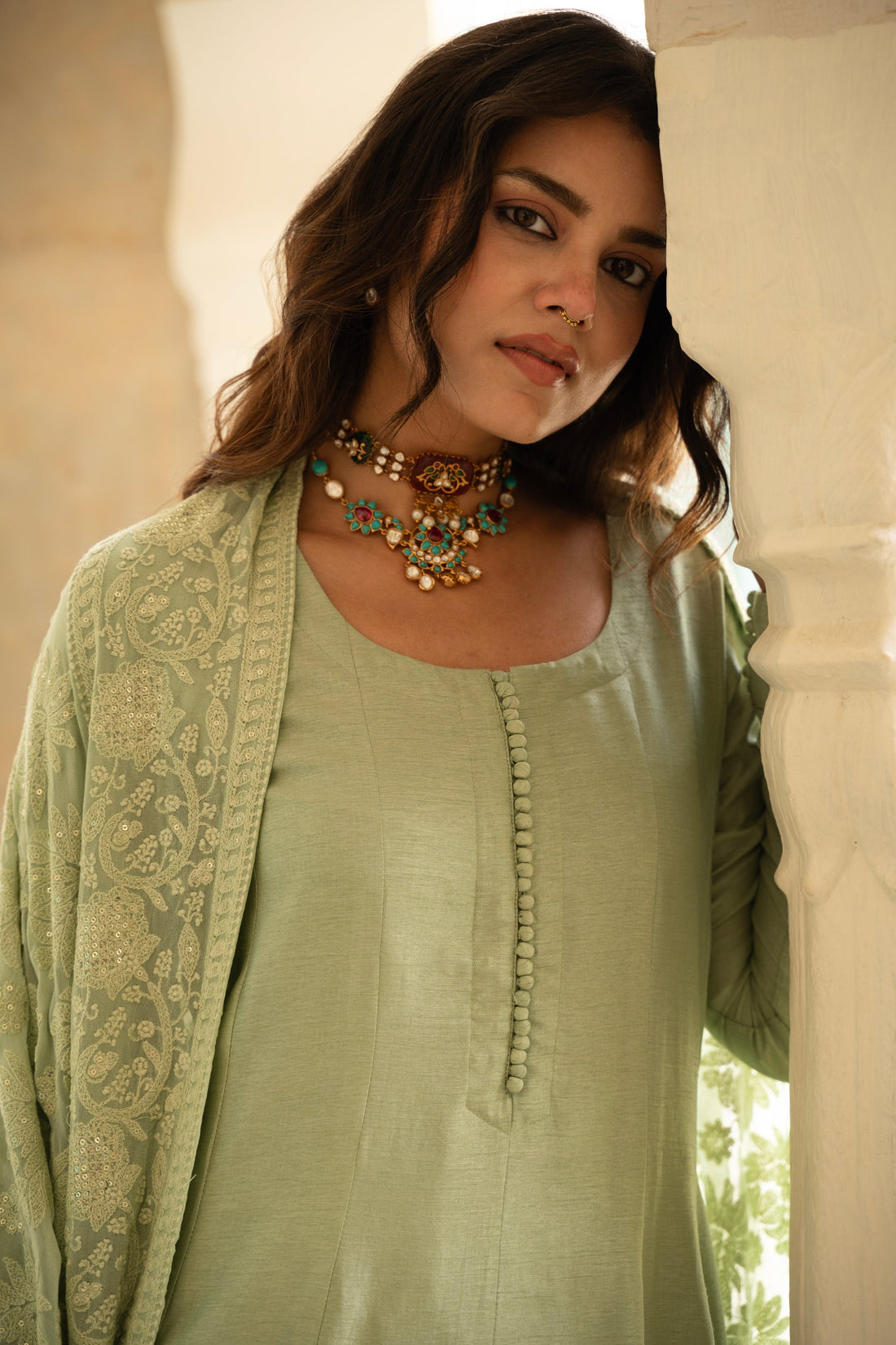 SAGE GREEN PURE DOLA SILK ANARKALI SET