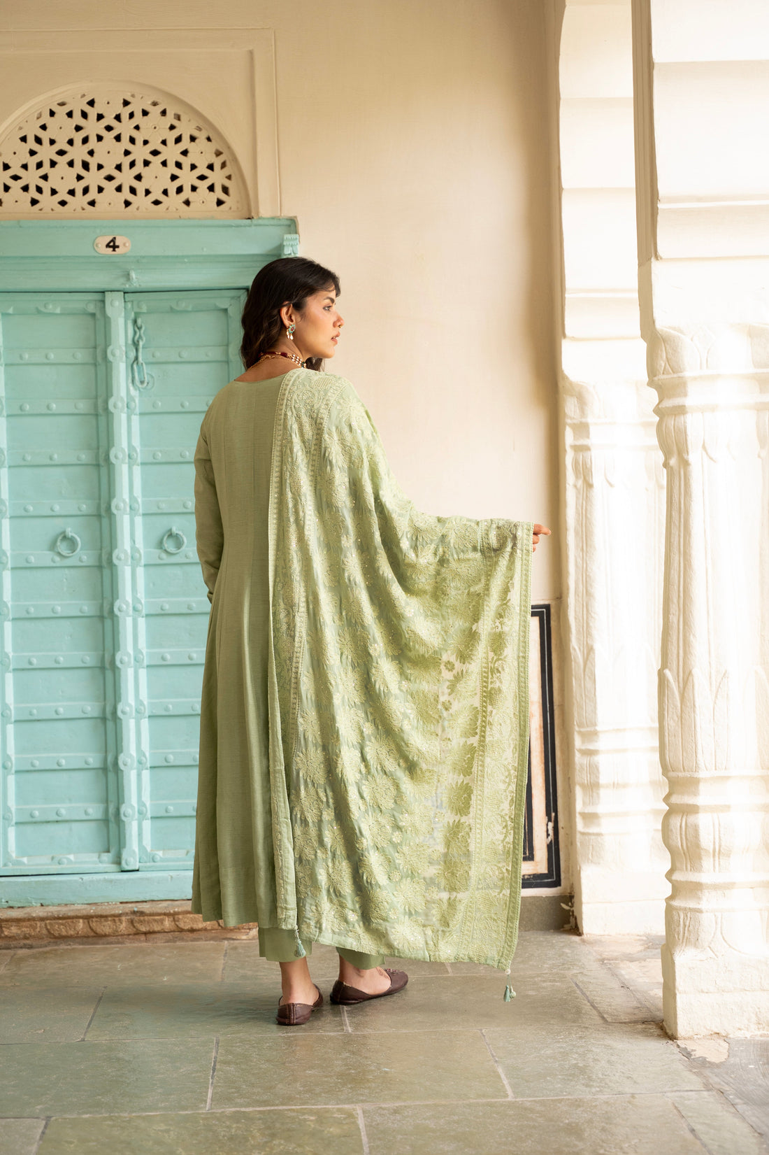 SAGE GREEN PURE DOLA SILK ANARKALI SET
