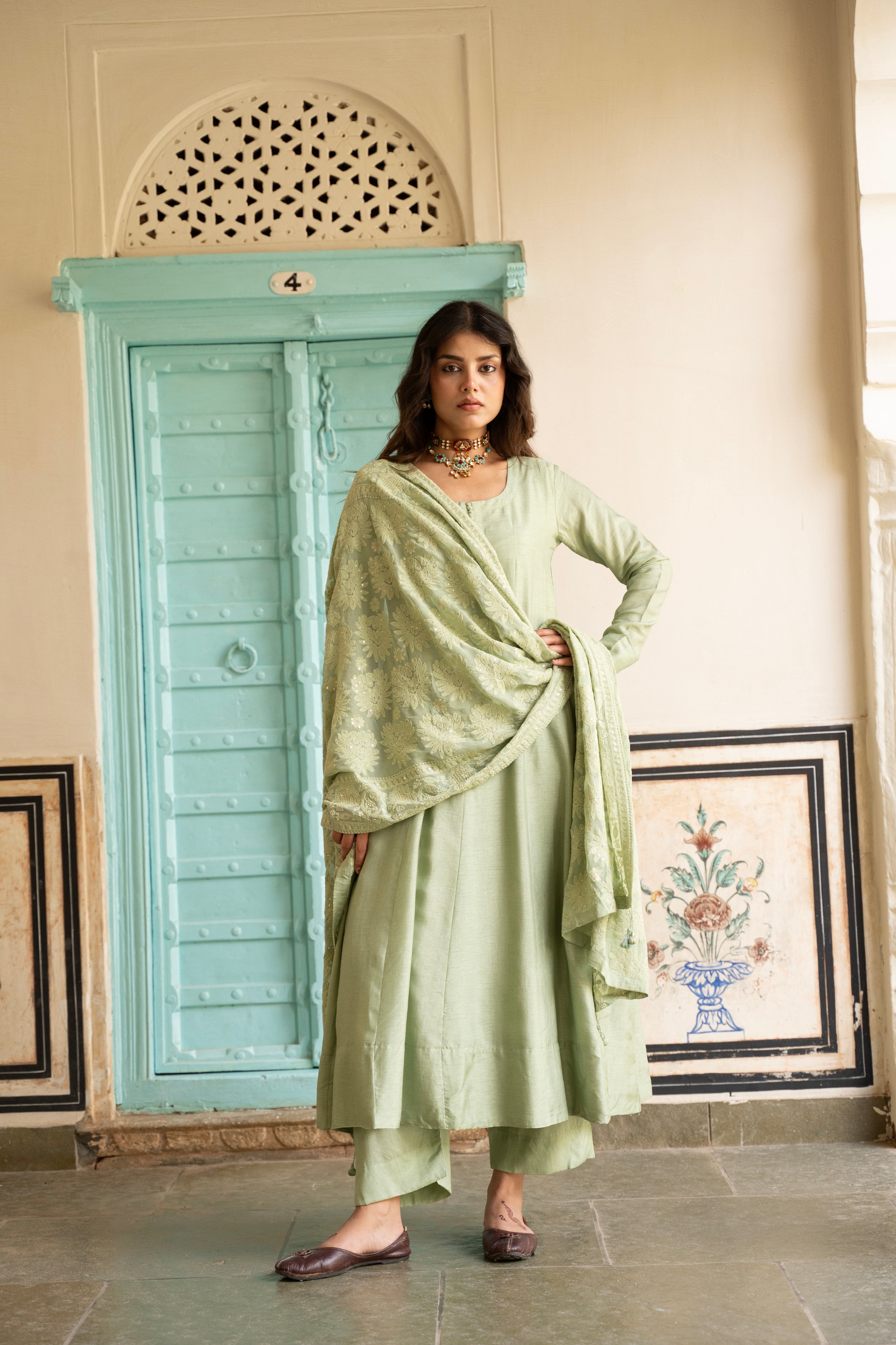 SAGE GREEN PURE DOLA SILK ANARKALI SET