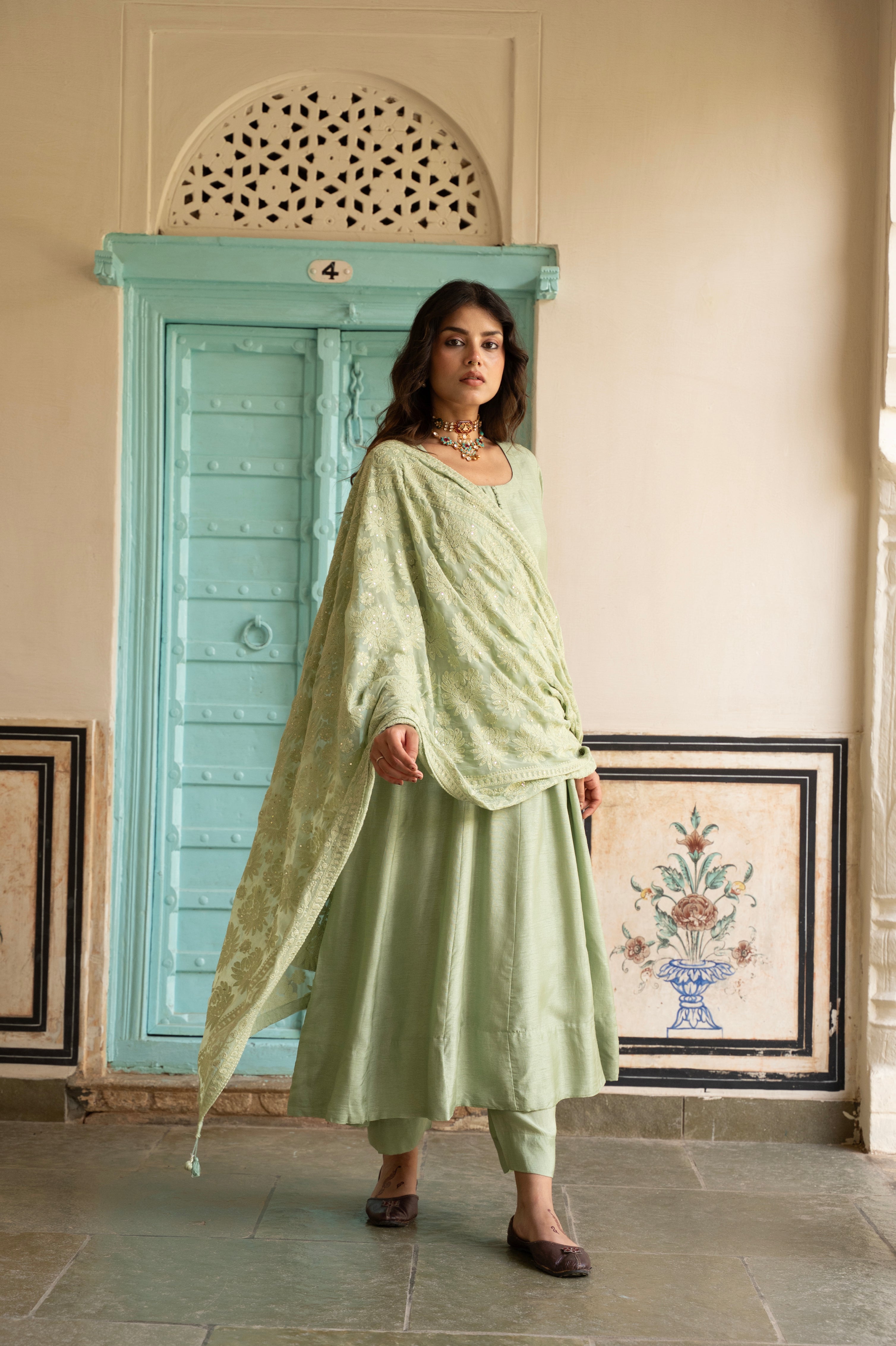 SAGE GREEN PURE DOLA SILK ANARKALI SET