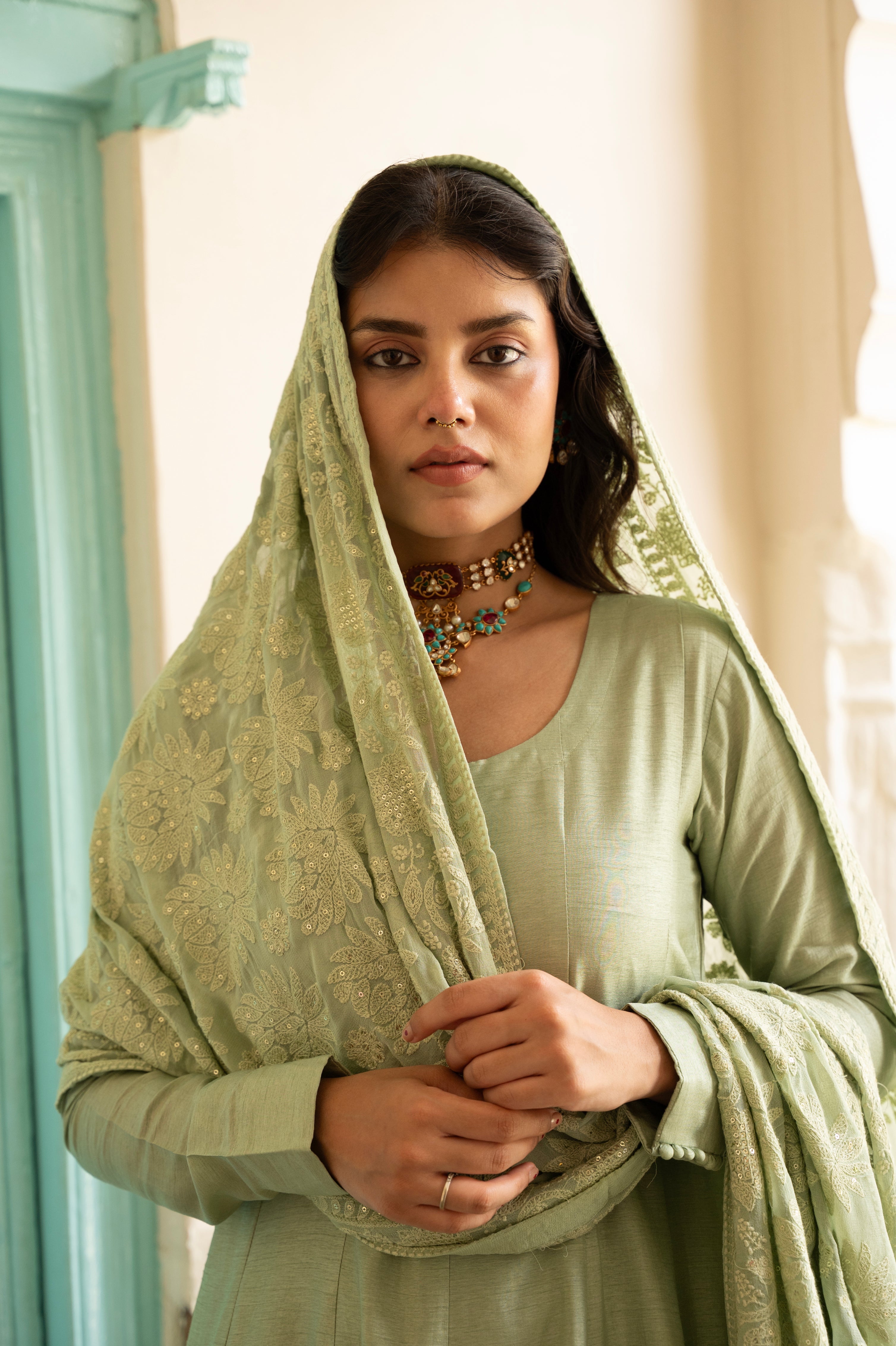 SAGE GREEN PURE DOLA SILK ANARKALI SET