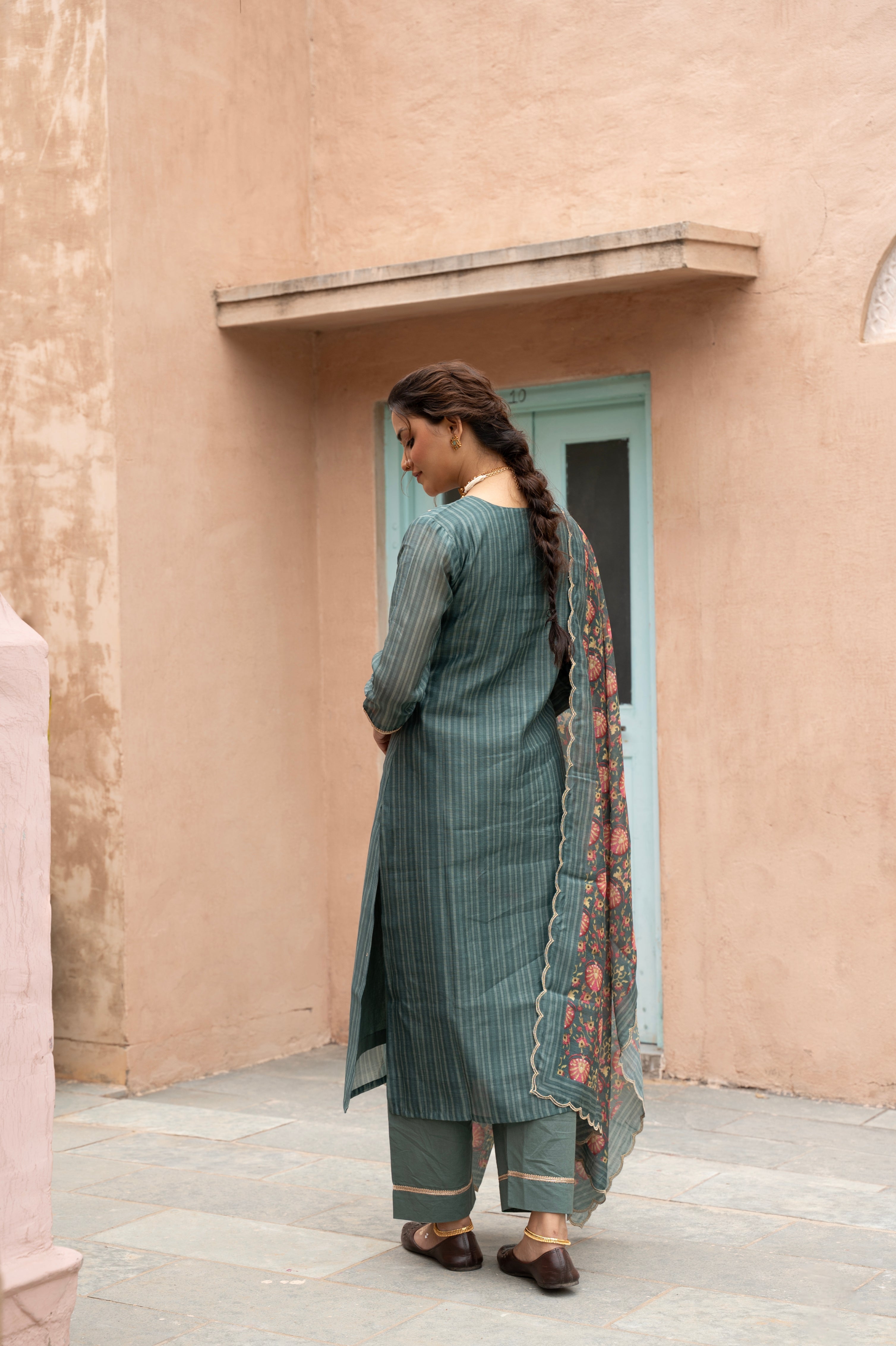 TEAL GREEN  CHANDERI KURTA SET