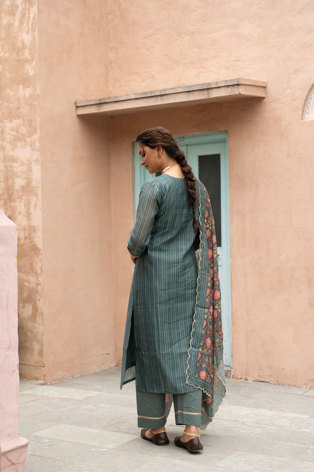 TEAL GREEN  CHANDERI KURTA SET
