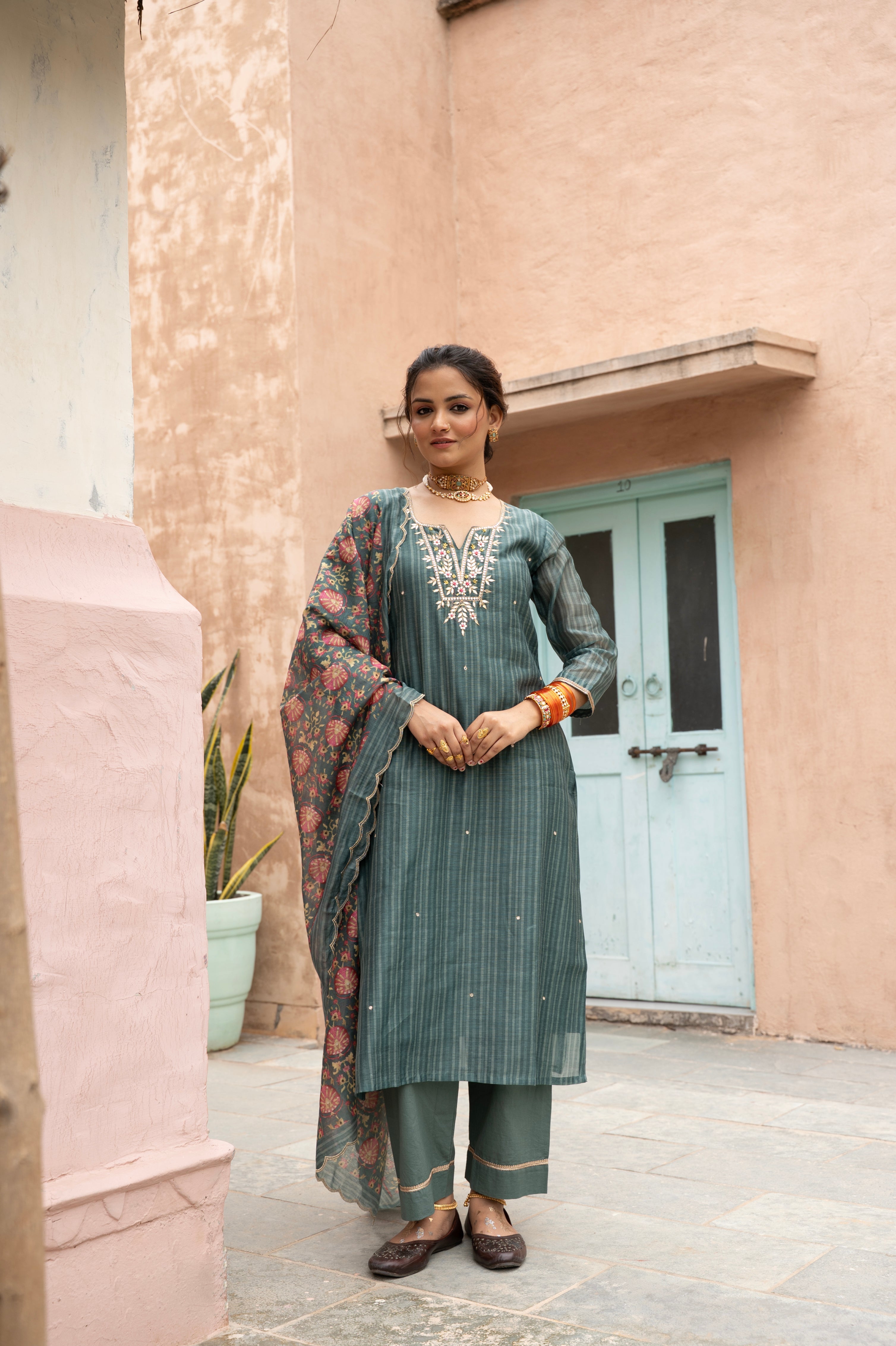 TEAL GREEN  CHANDERI KURTA SET