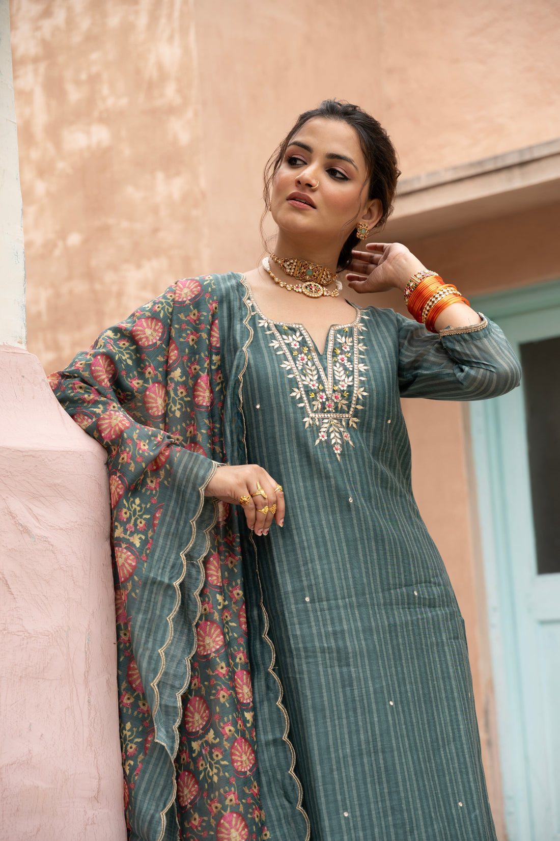 TEAL GREEN  CHANDERI KURTA SET