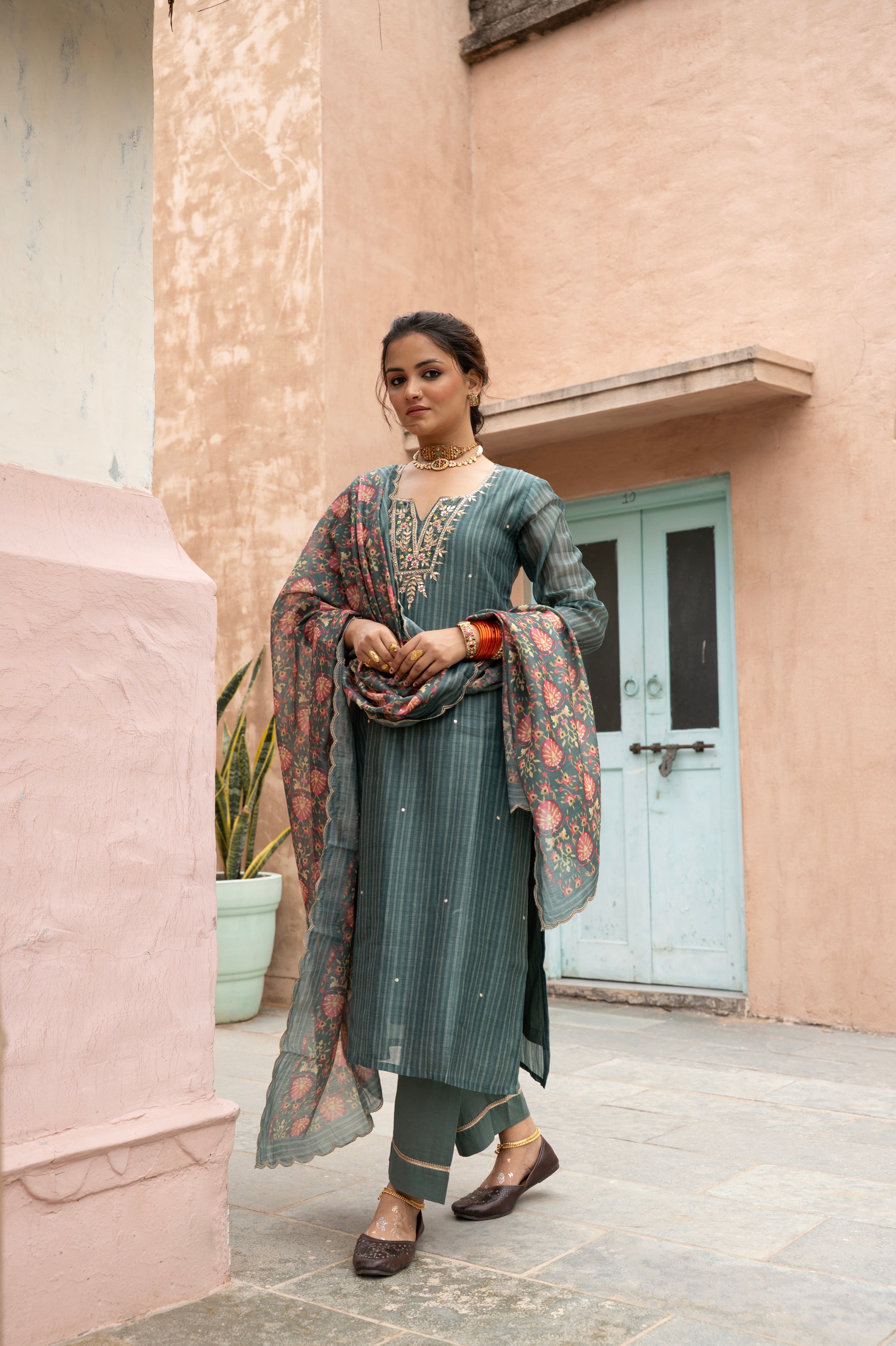 TEAL GREEN  CHANDERI KURTA SET