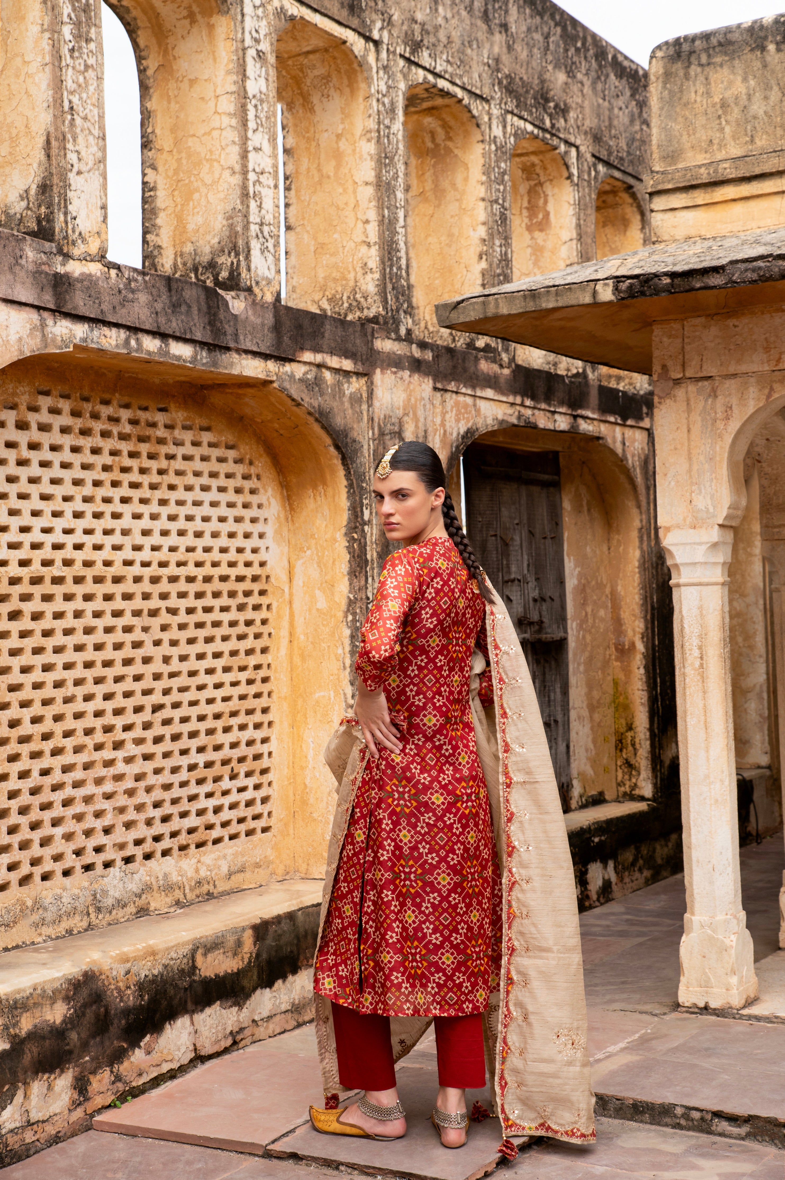 DARK RED PATOLA CHANDERI KURTA SET