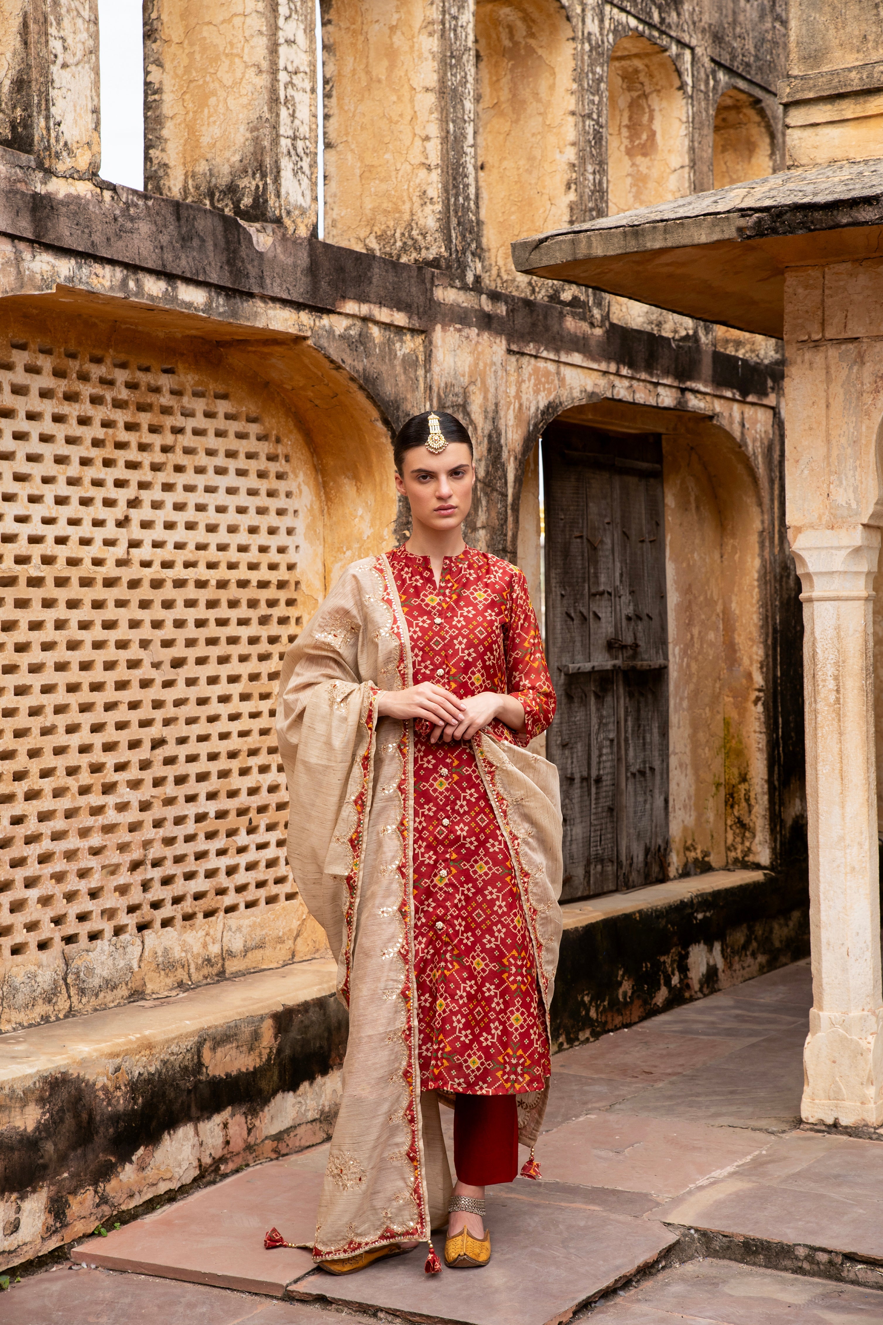 DARK RED PATOLA CHANDERI KURTA SET