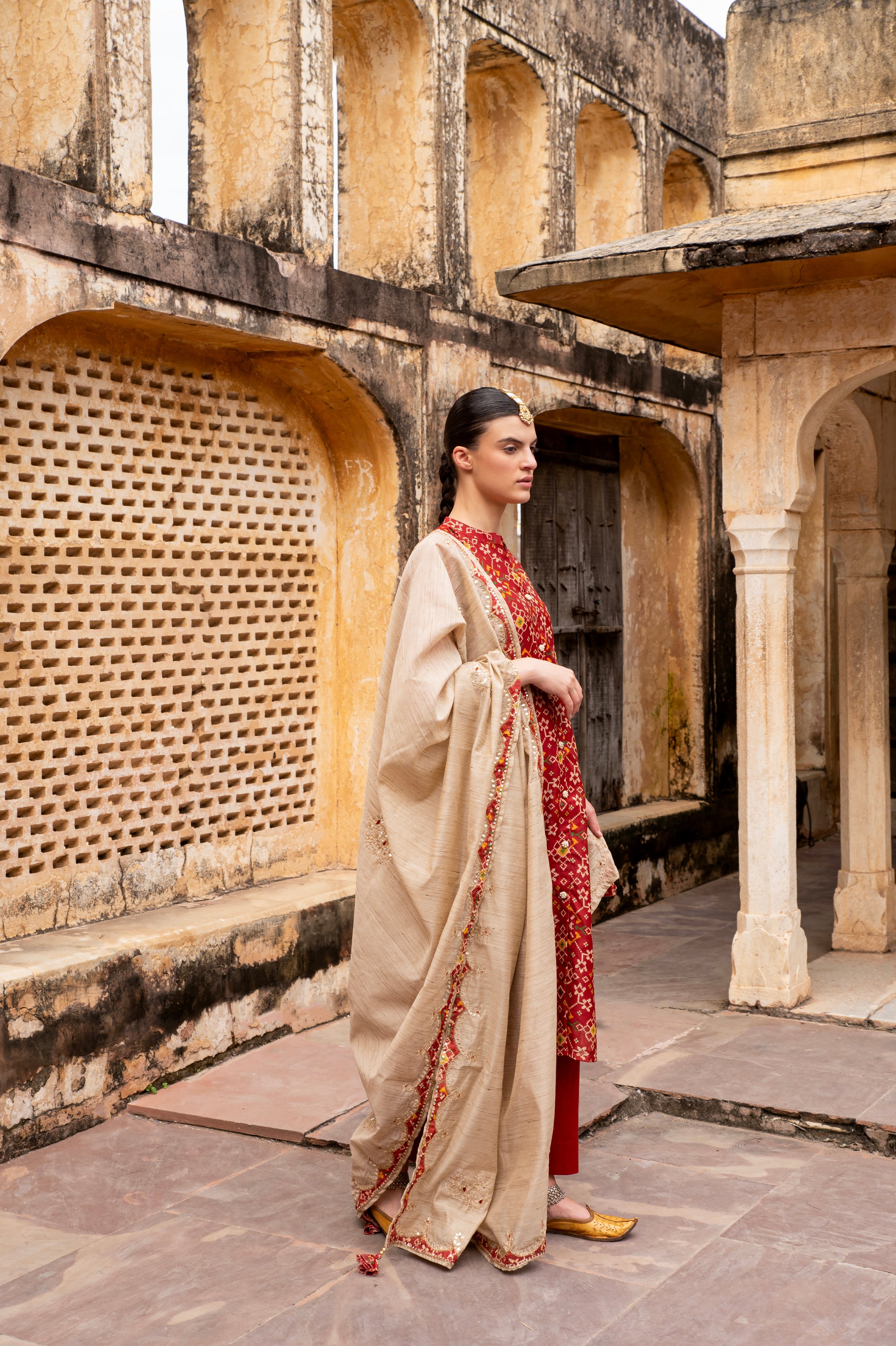 DARK RED PATOLA CHANDERI KURTA SET