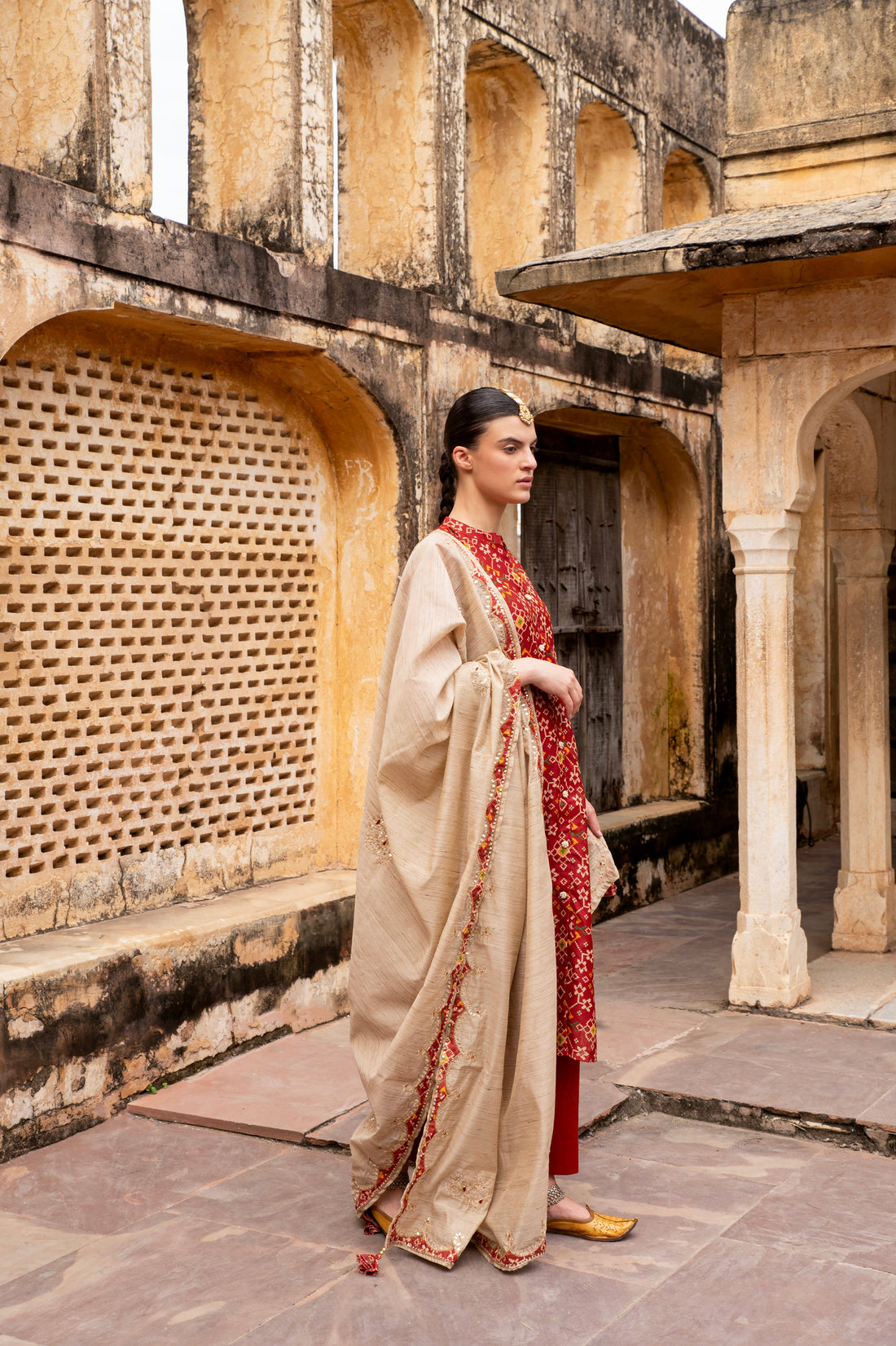 DARK RED PATOLA CHANDERI KURTA SET