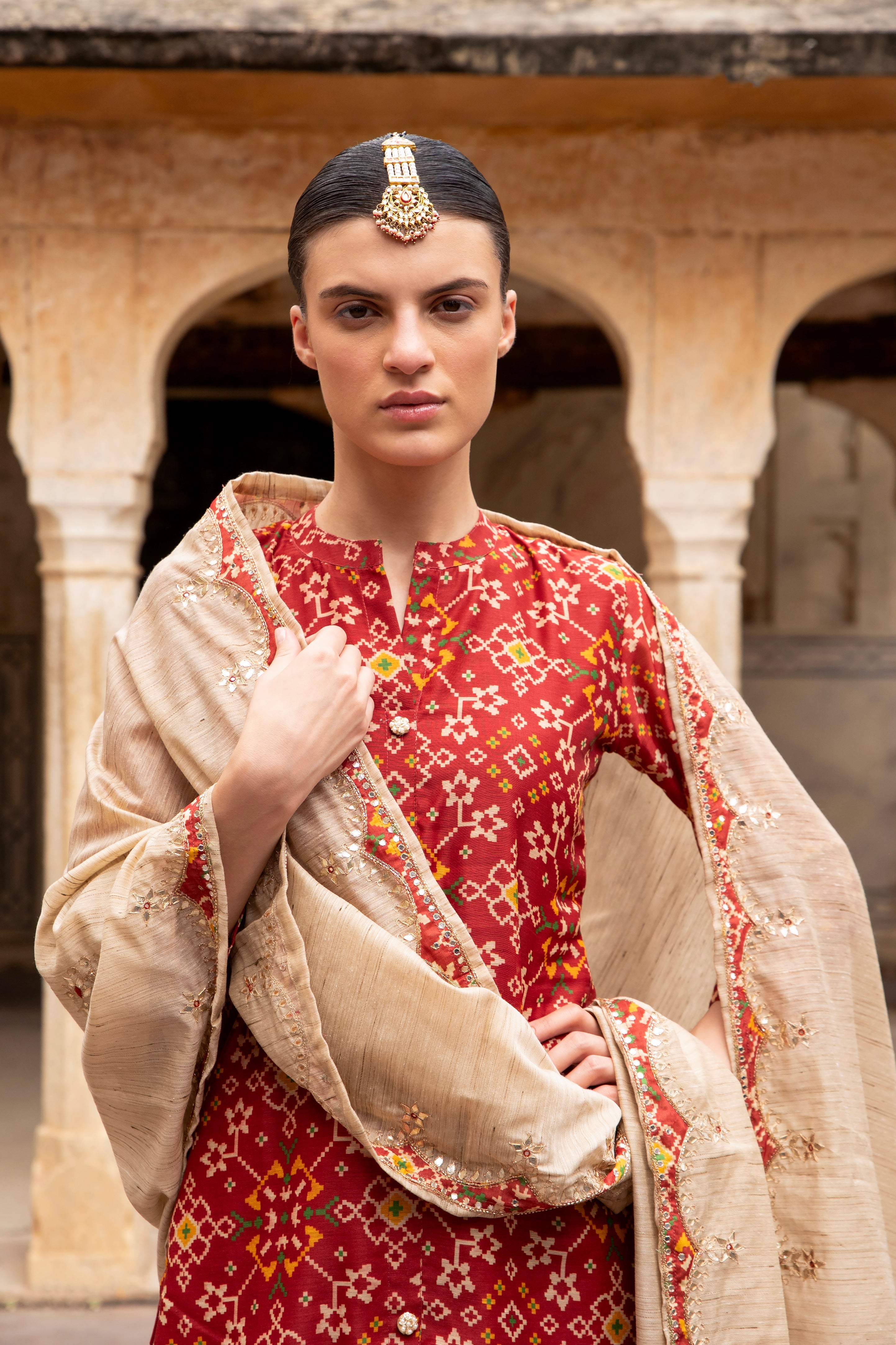DARK RED PATOLA CHANDERI KURTA SET