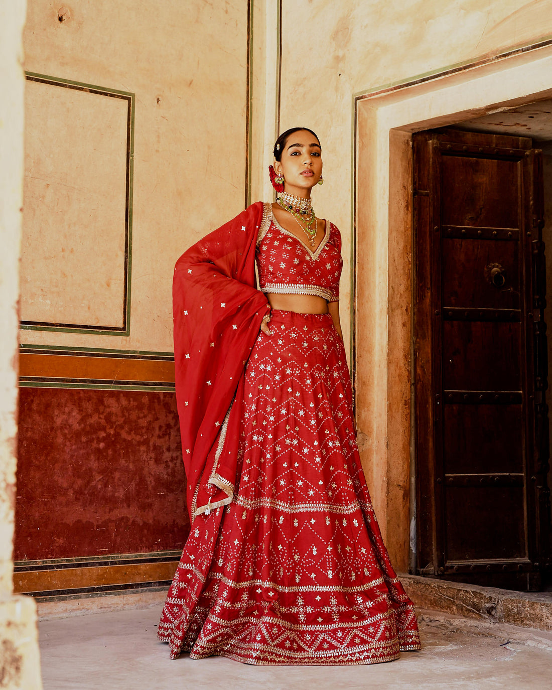 FIZA RED BANDHANI EMBROIDERED LEHANGA SET