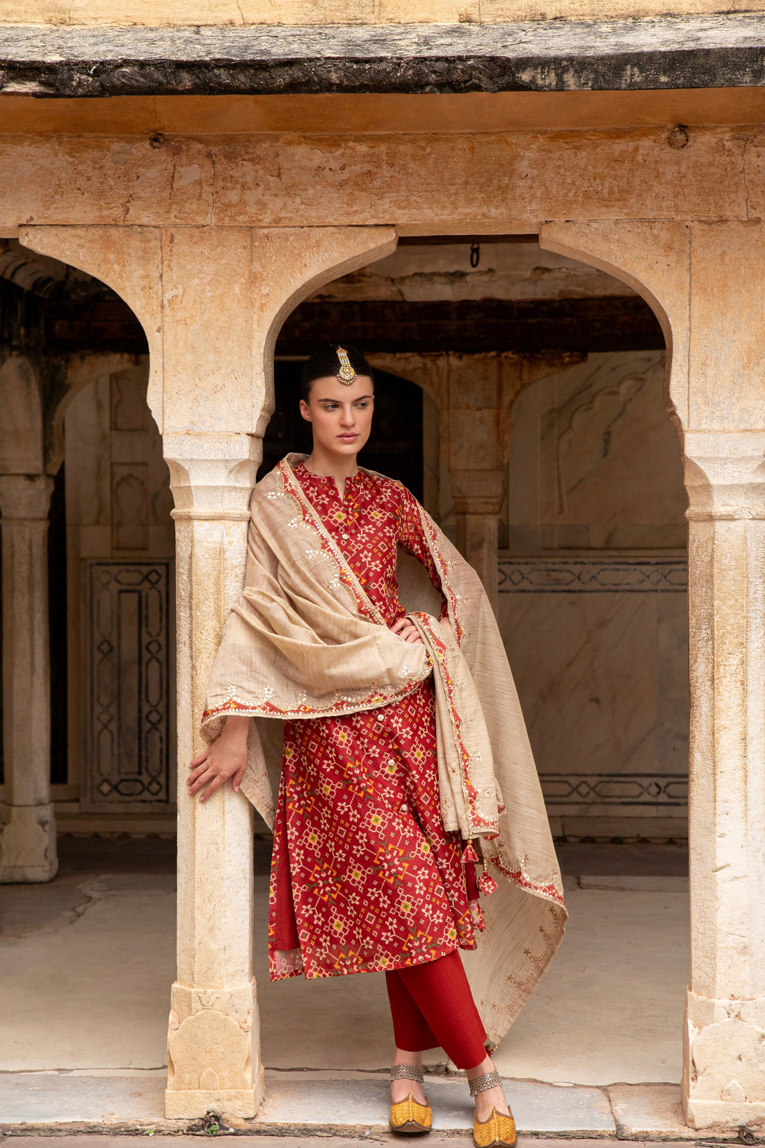 DARK RED PATOLA CHANDERI KURTA SET