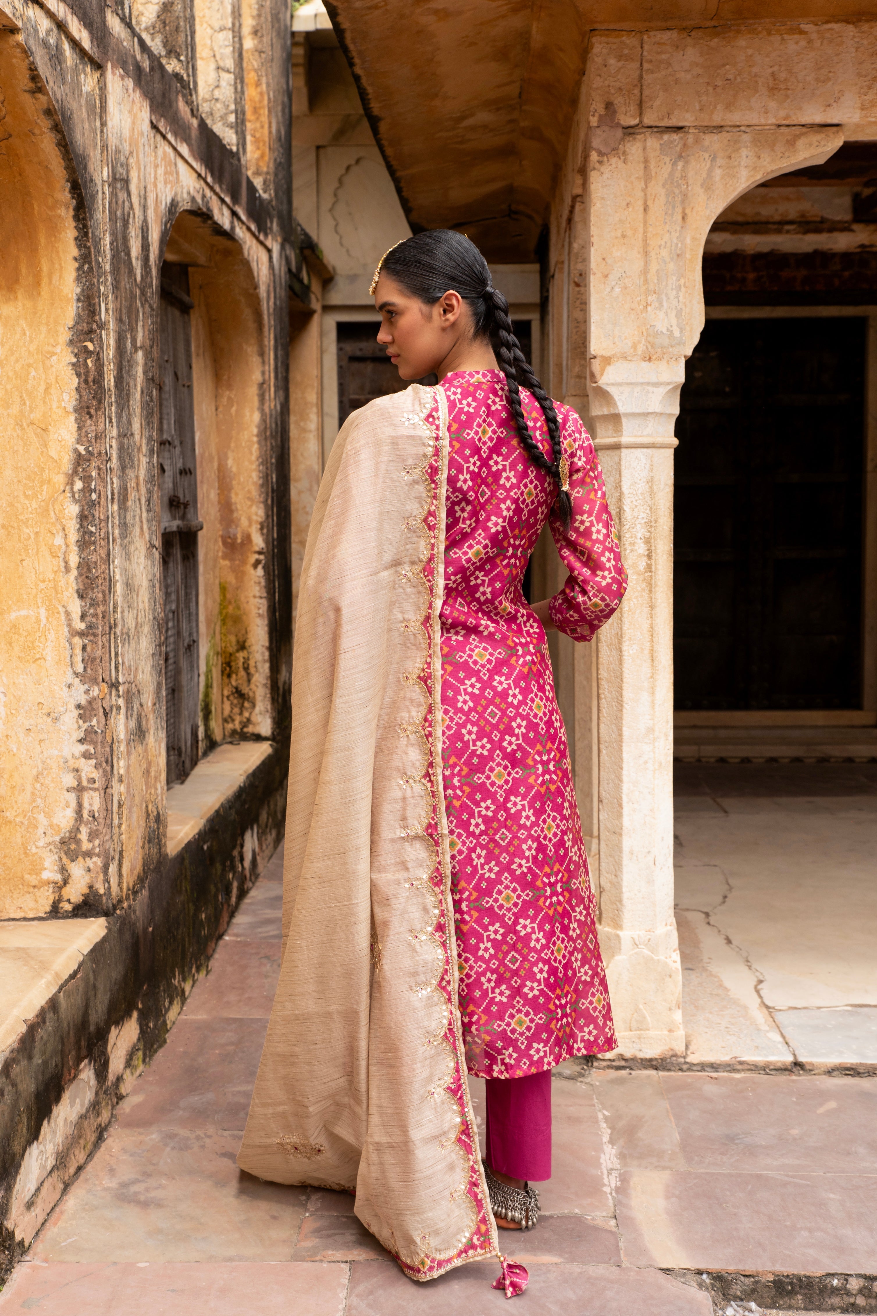 PINK PATOLA CHANDERI KURTA SET