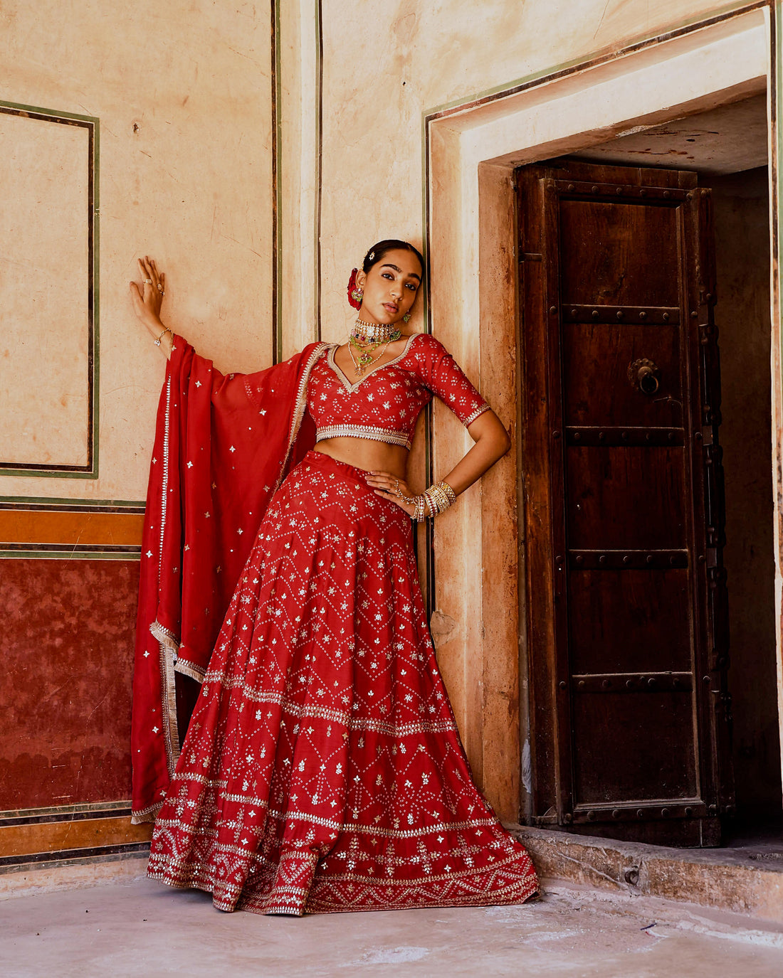 FIZA RED BANDHANI EMBROIDERED LEHANGA SET