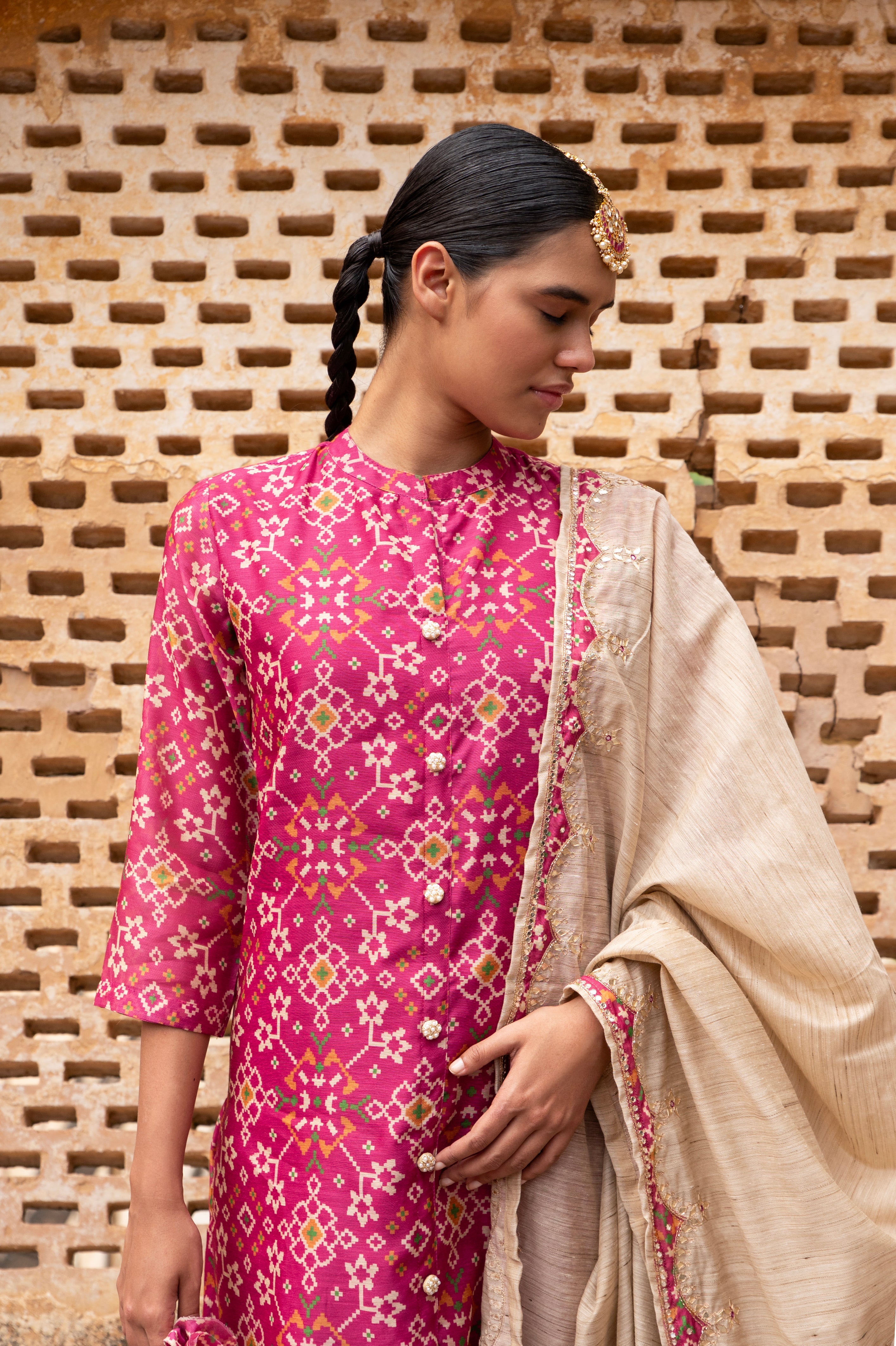 PINK PATOLA CHANDERI KURTA SET