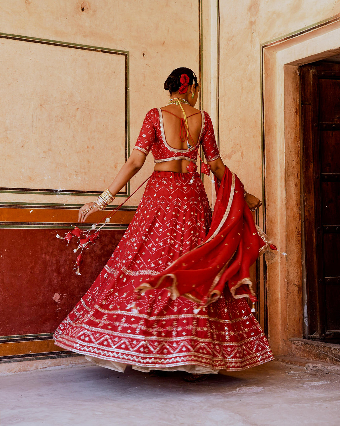 FIZA RED BANDHANI EMBROIDERED LEHANGA SET