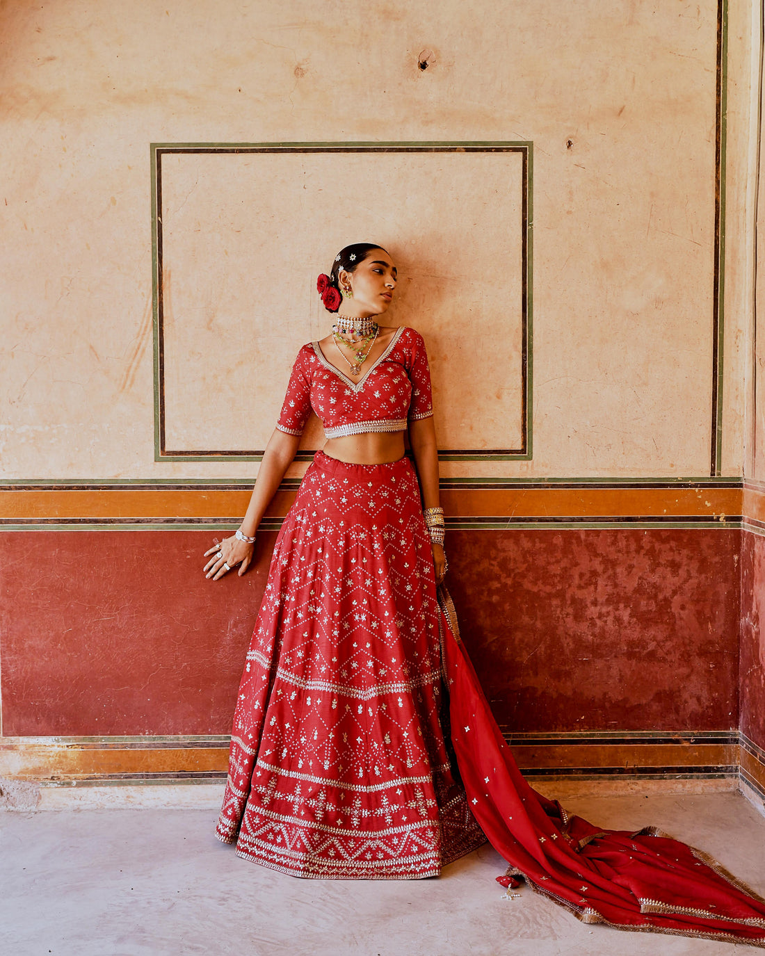 FIZA RED BANDHANI EMBROIDERED LEHANGA SET