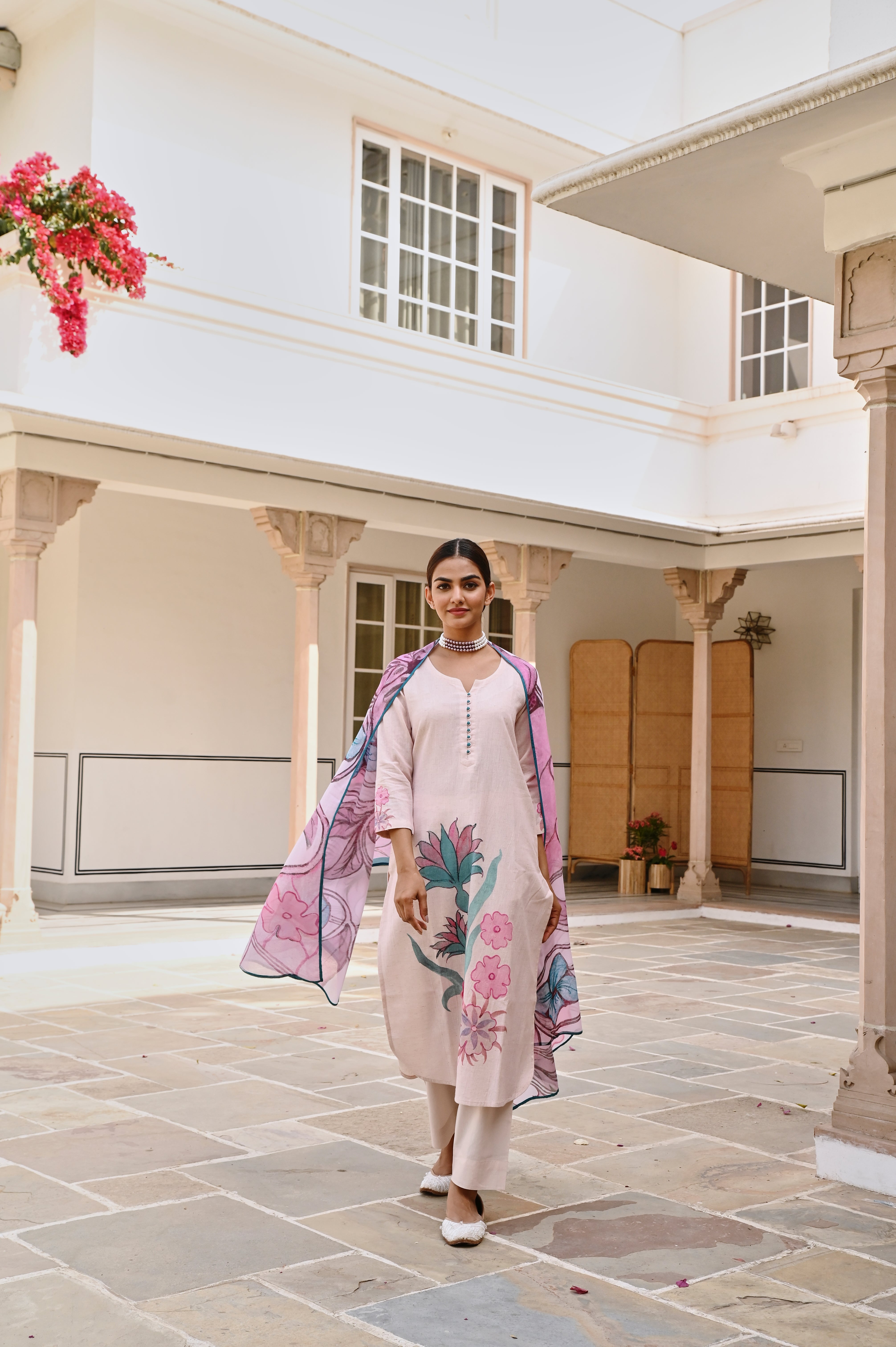 LIGHT PURPLE HANDLOOM COTTON  PRINTED KURTA SET