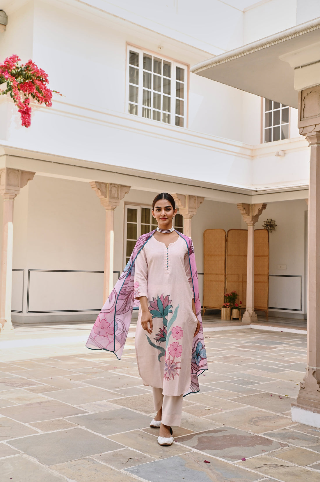 LIGHT PURPLE HANDLOOM COTTON  PRINTED KURTA SET
