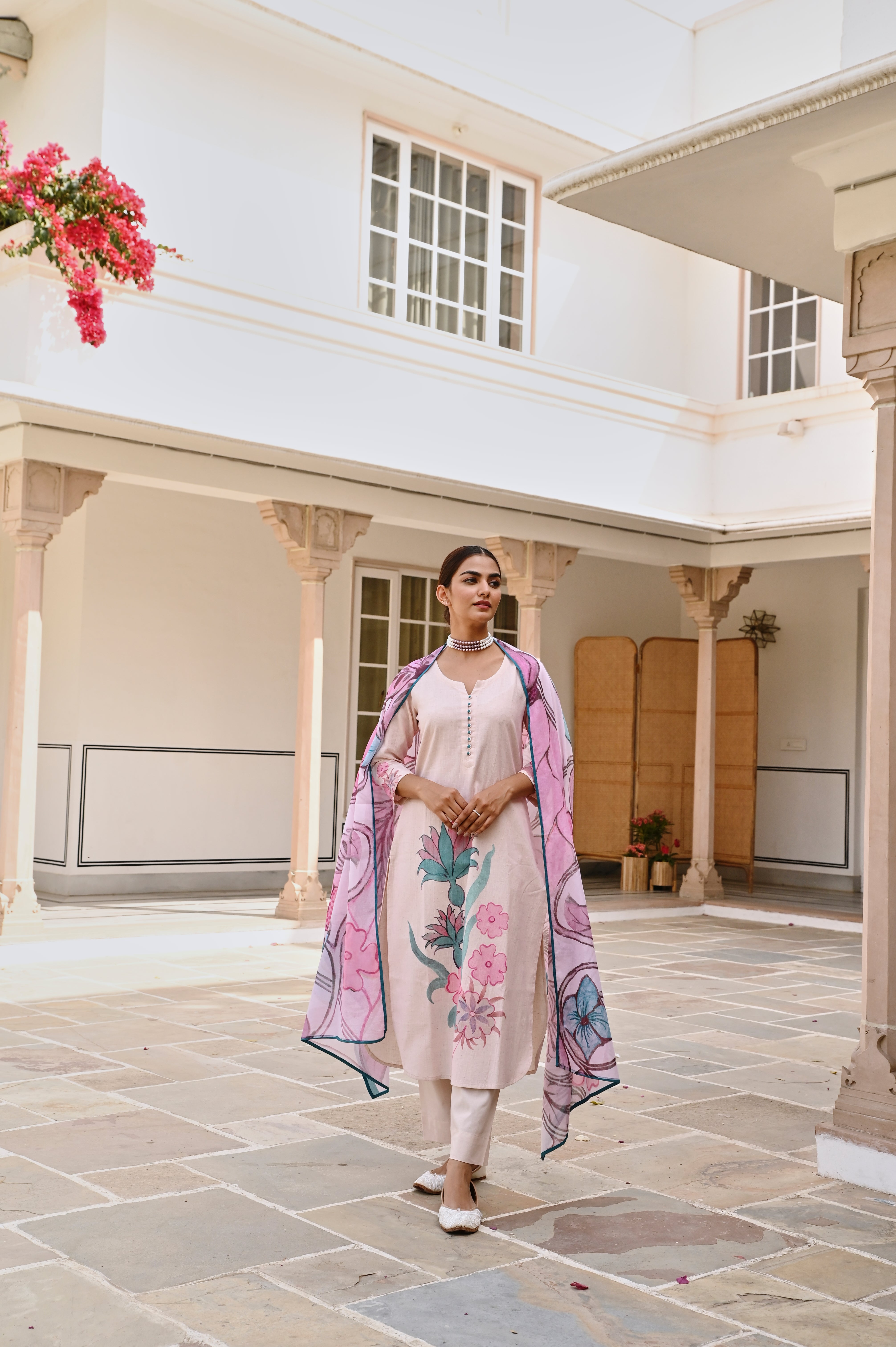 LIGHT PURPLE HANDLOOM COTTON  PRINTED KURTA SET