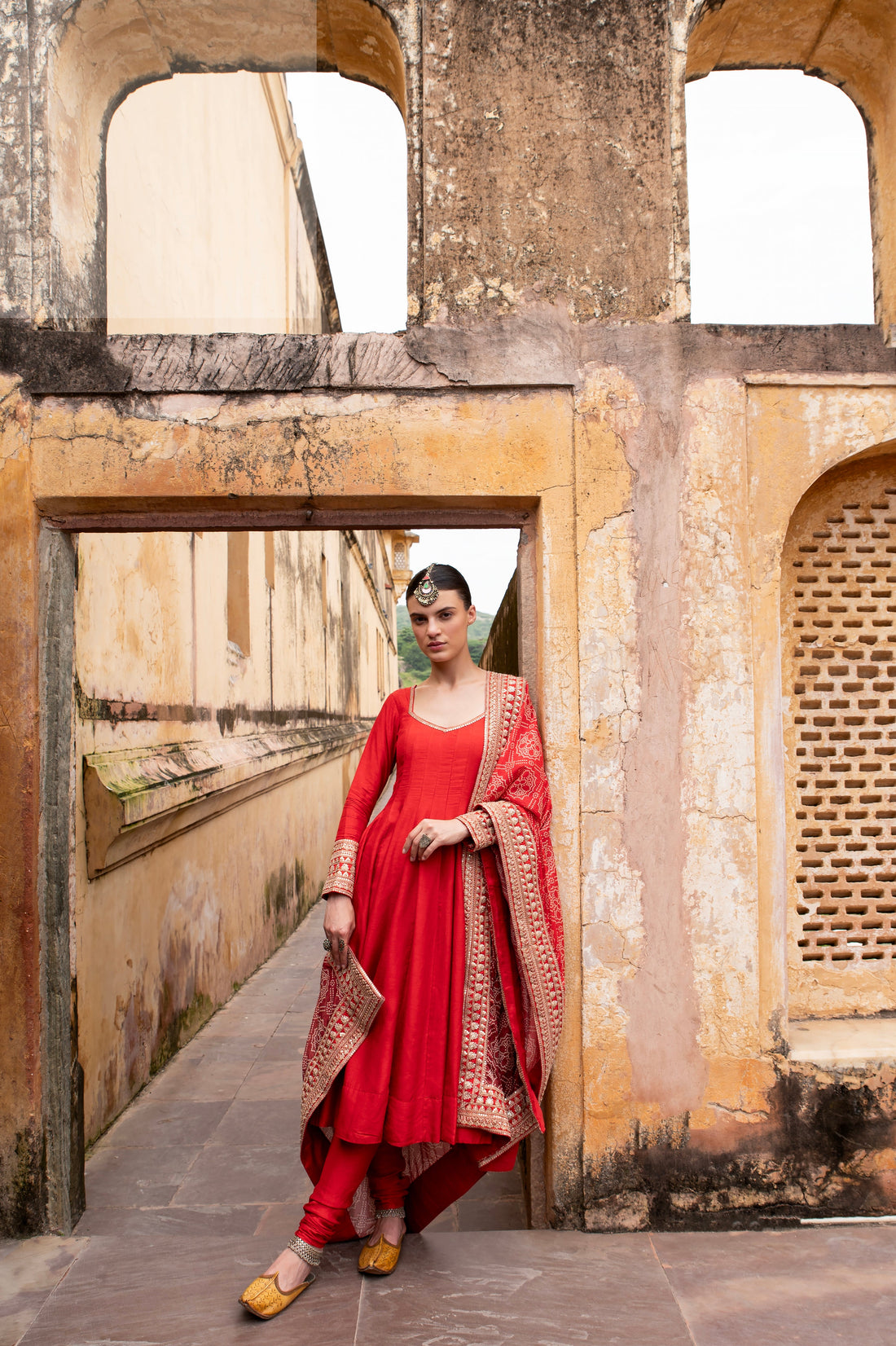 RED PURE DOLA SILK  EMBROIDERED ANARKALI