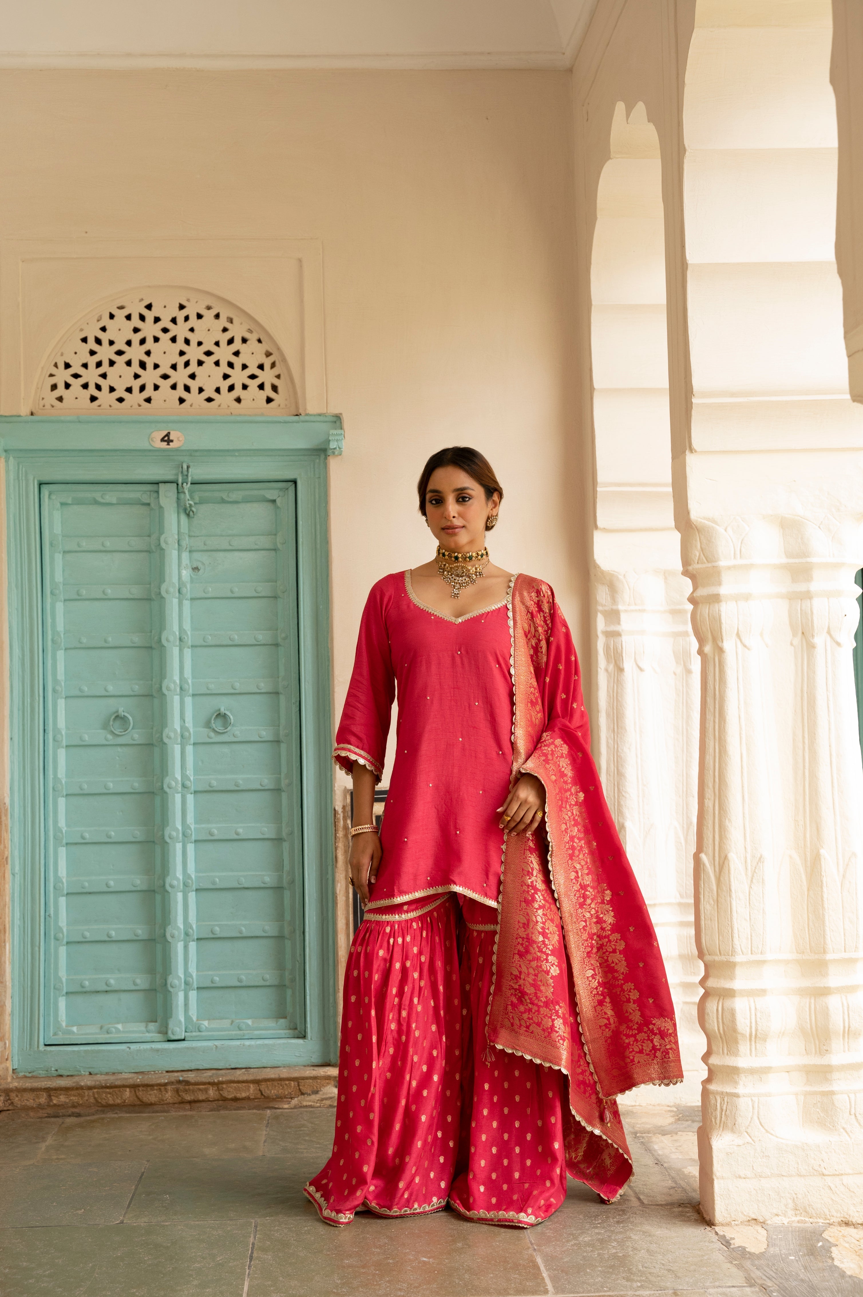 Pink Dola Silk Gharara Suit Set