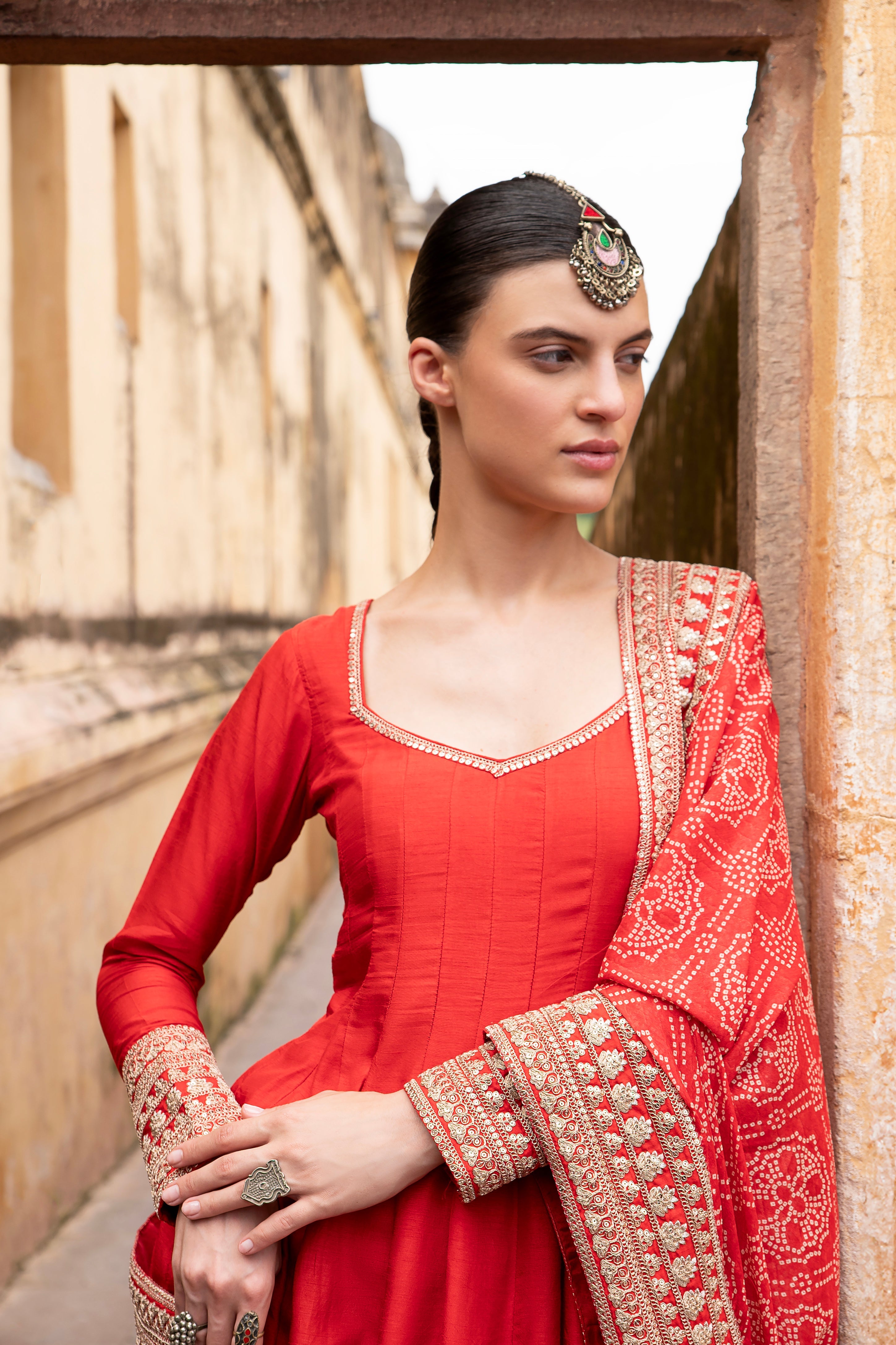 RED PURE DOLA SILK  EMBROIDERED ANARKALI