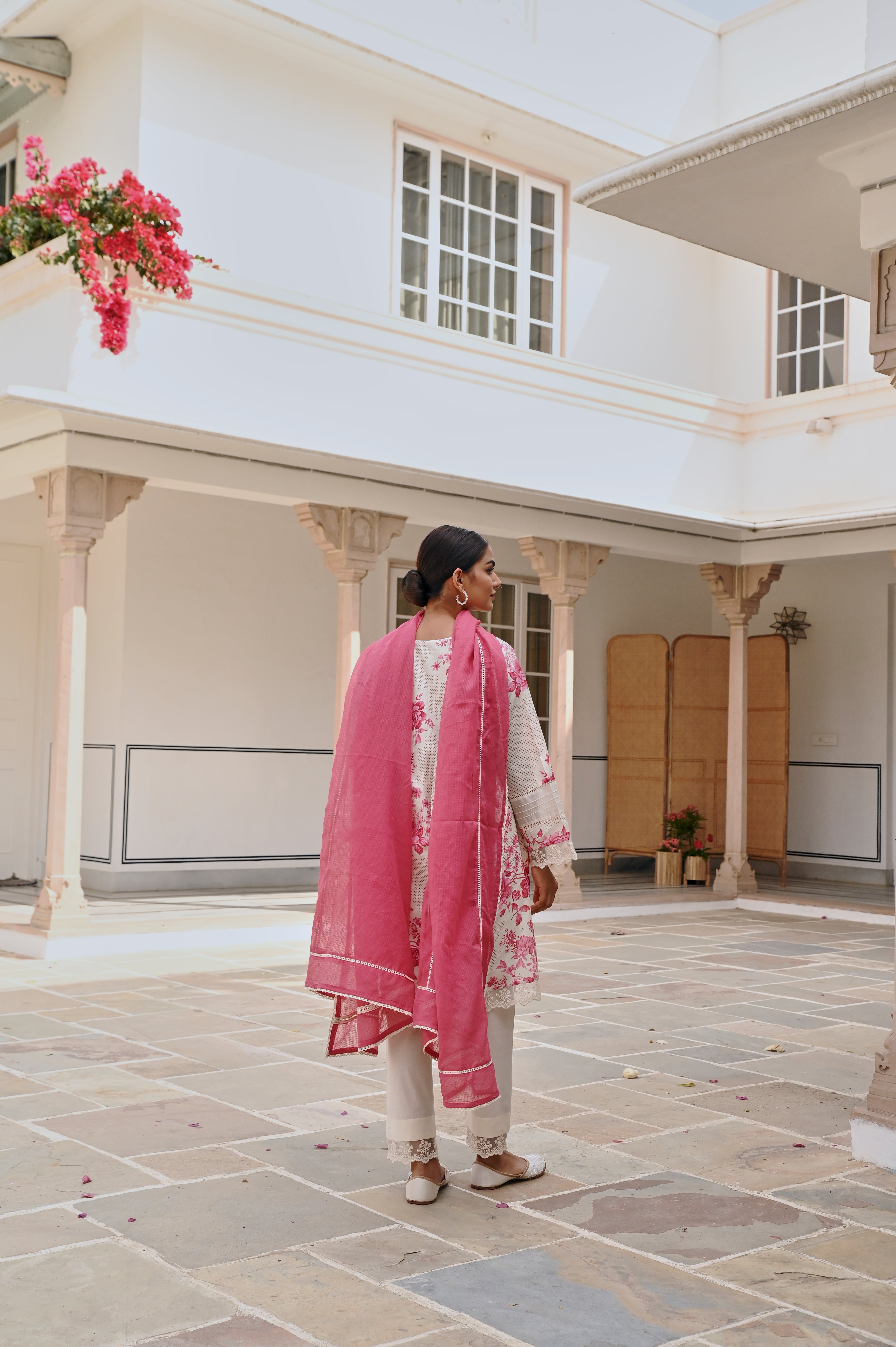CREAM AND PINK FLORAL SHORT KURTA SET