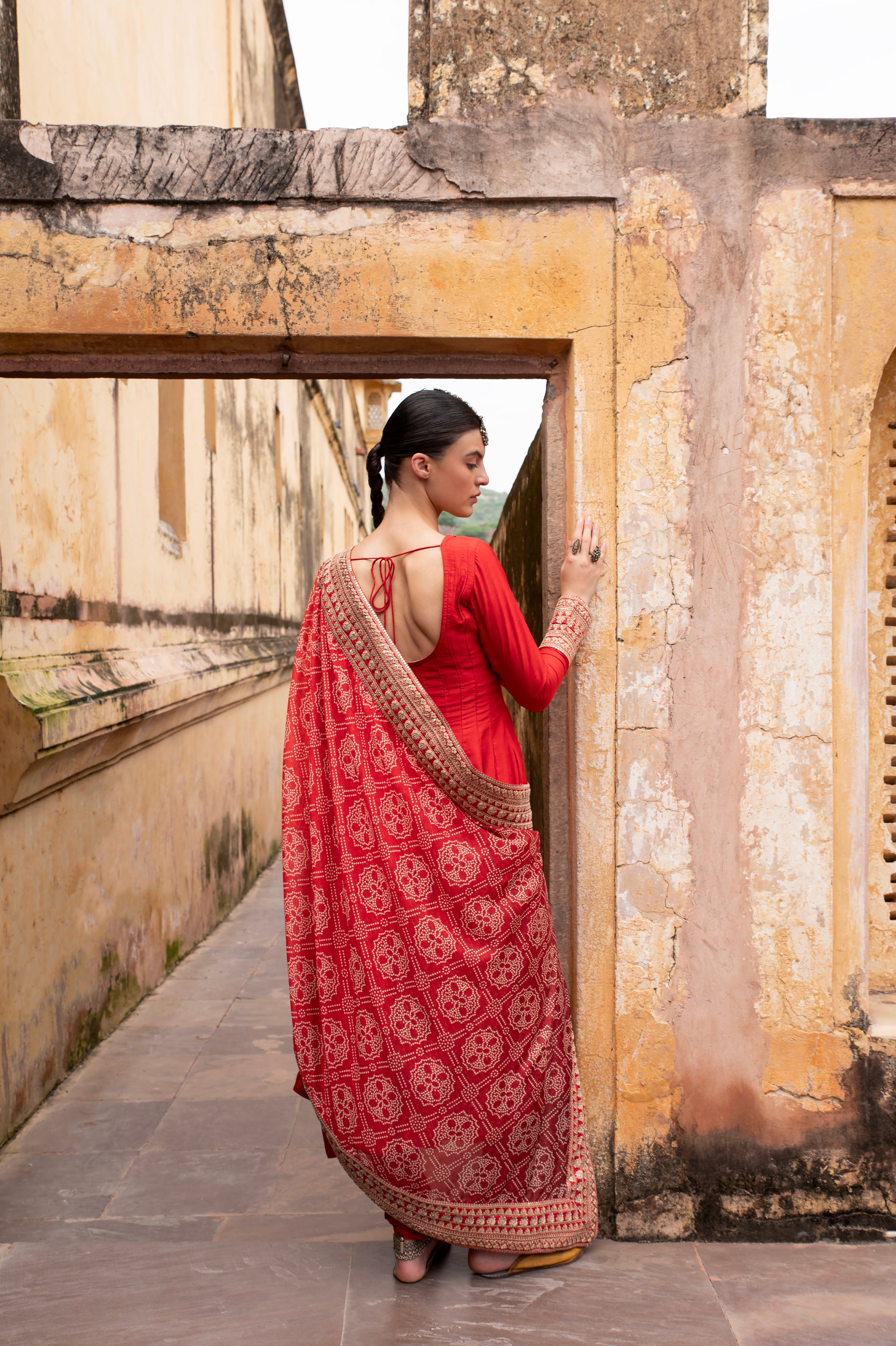 RED PURE DOLA SILK  EMBROIDERED ANARKALI