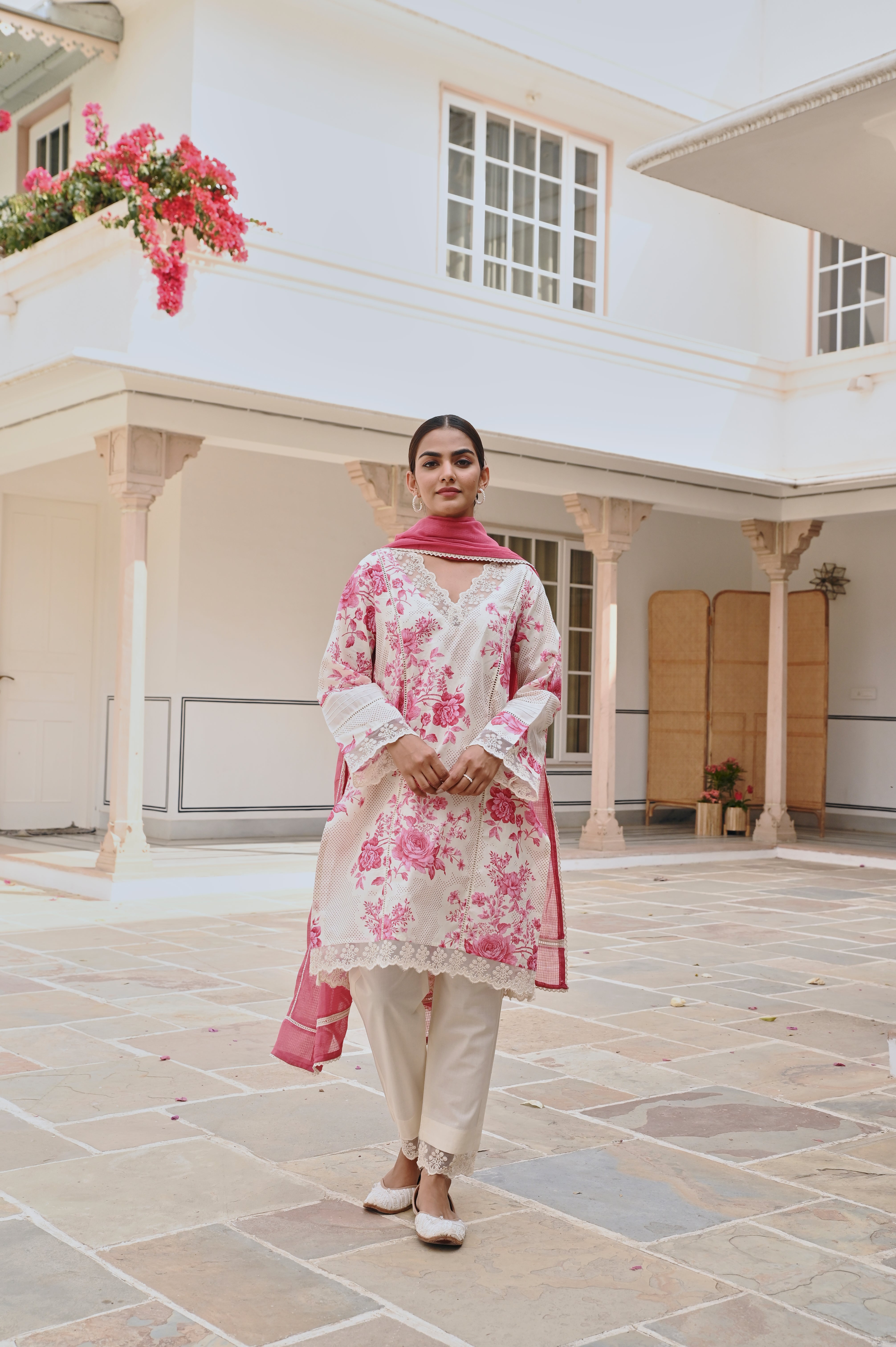 CREAM AND PINK FLORAL SHORT KURTA SET