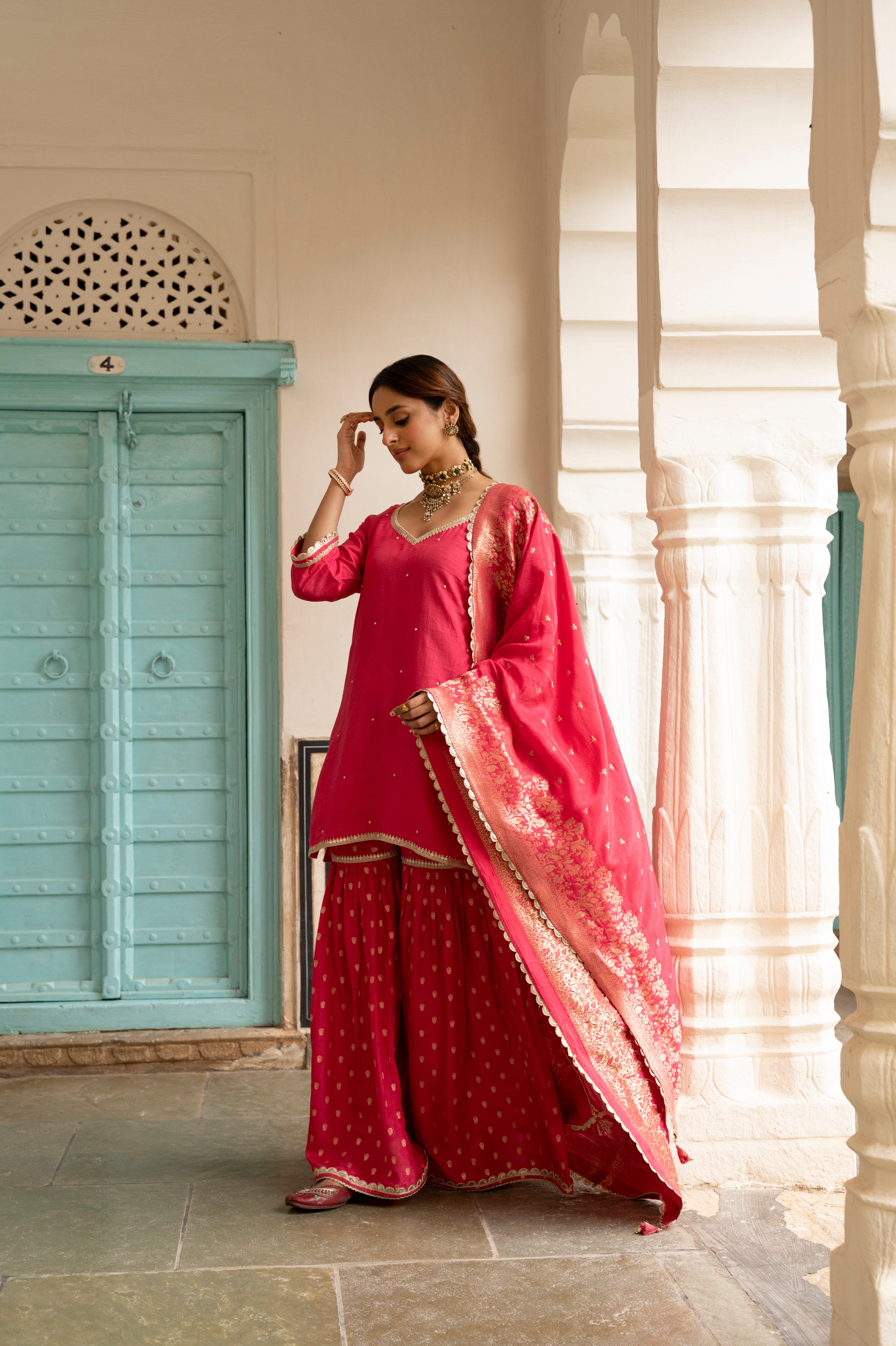 Pink Dola Silk Gharara Suit Set