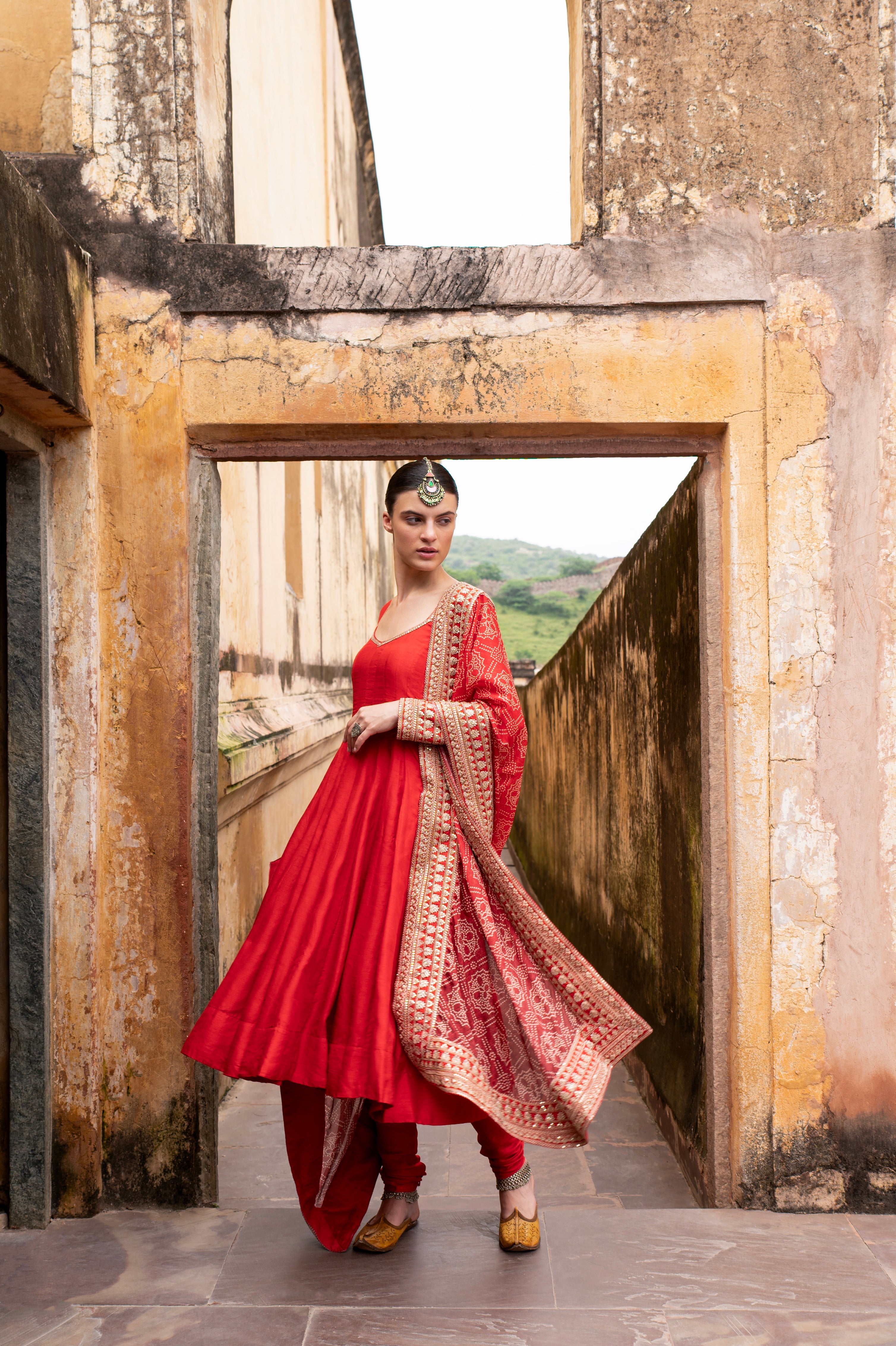 RED PURE DOLA SILK  EMBROIDERED ANARKALI