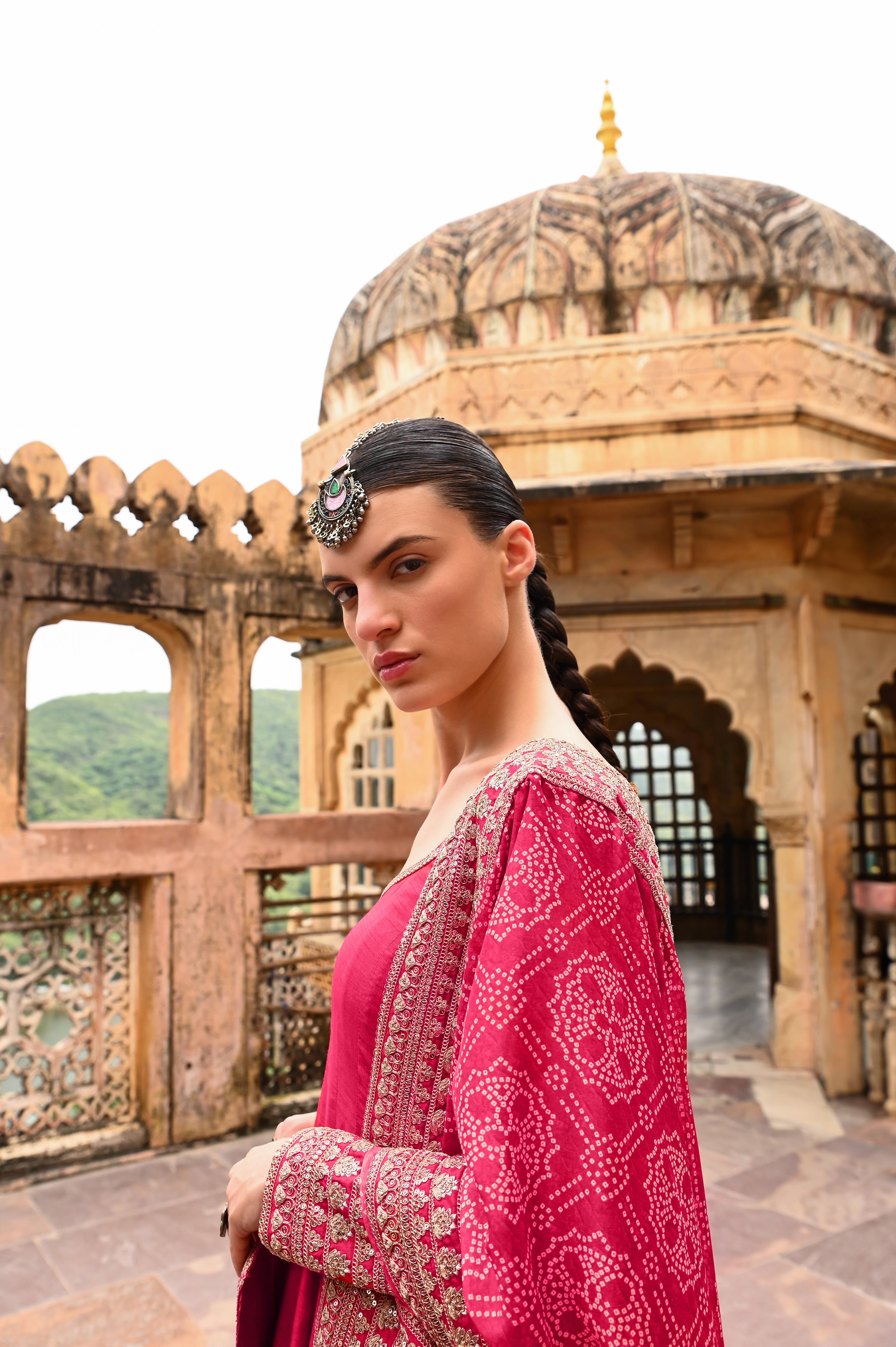 HOT PINK PURE DOLA SILK ANARKALI SET