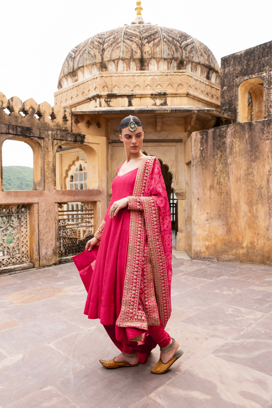 HOT PINK PURE DOLA SILK ANARKALI SET
