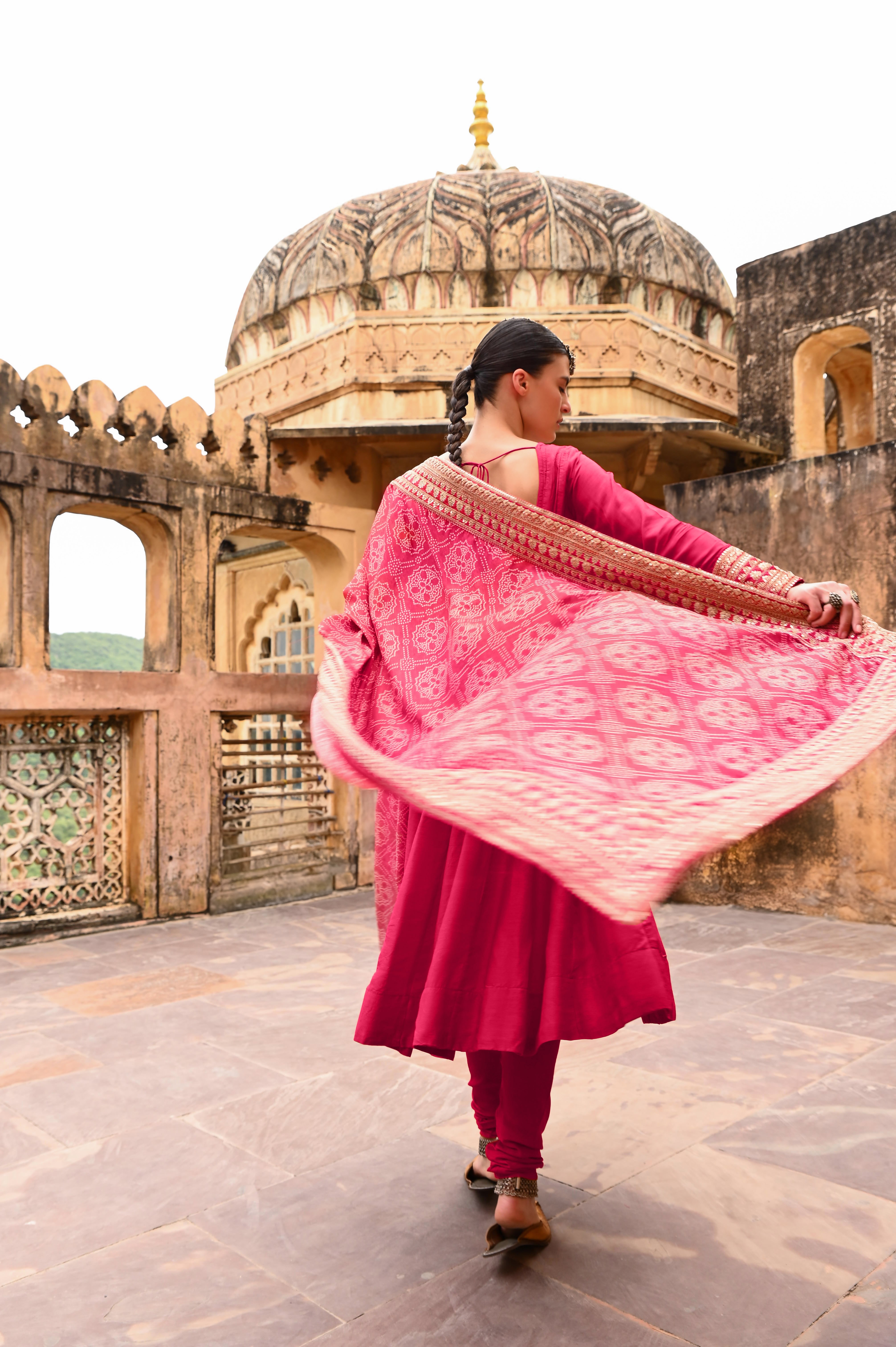 HOT PINK PURE DOLA SILK ANARKALI SET