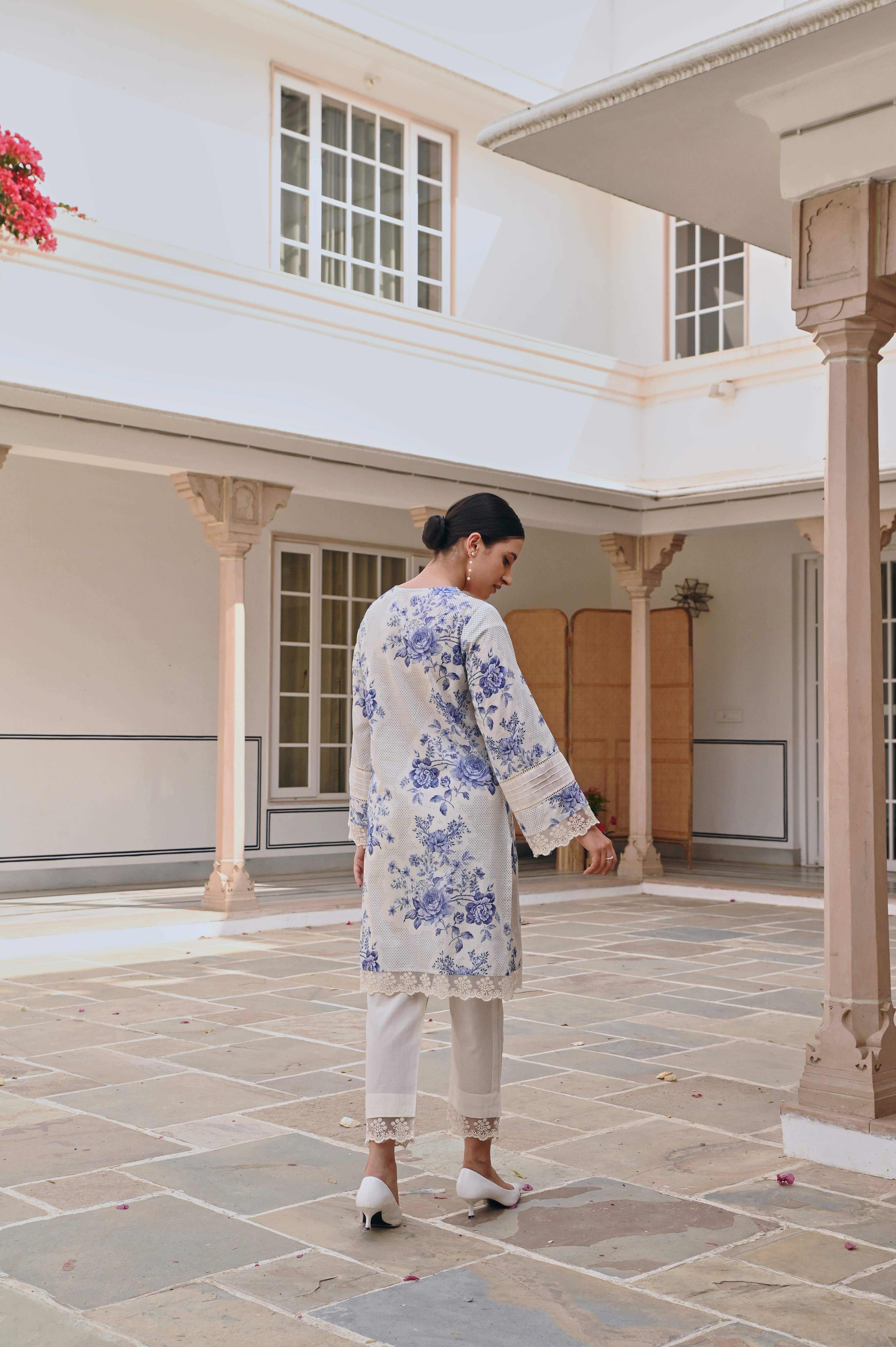 CREAM AND BLUE FLORAL SHORT KURTA SET