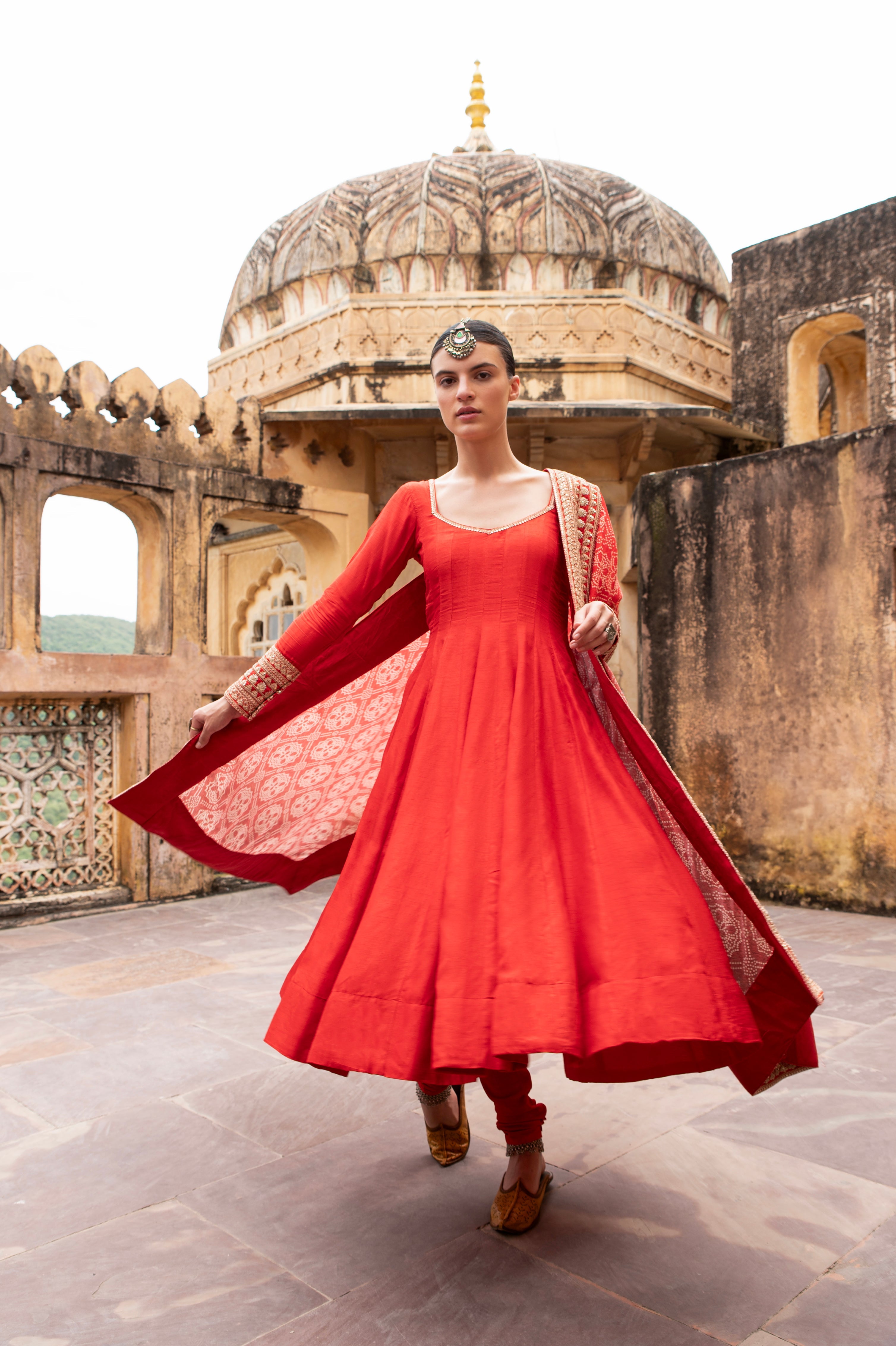 RED PURE DOLA SILK  EMBROIDERED ANARKALI