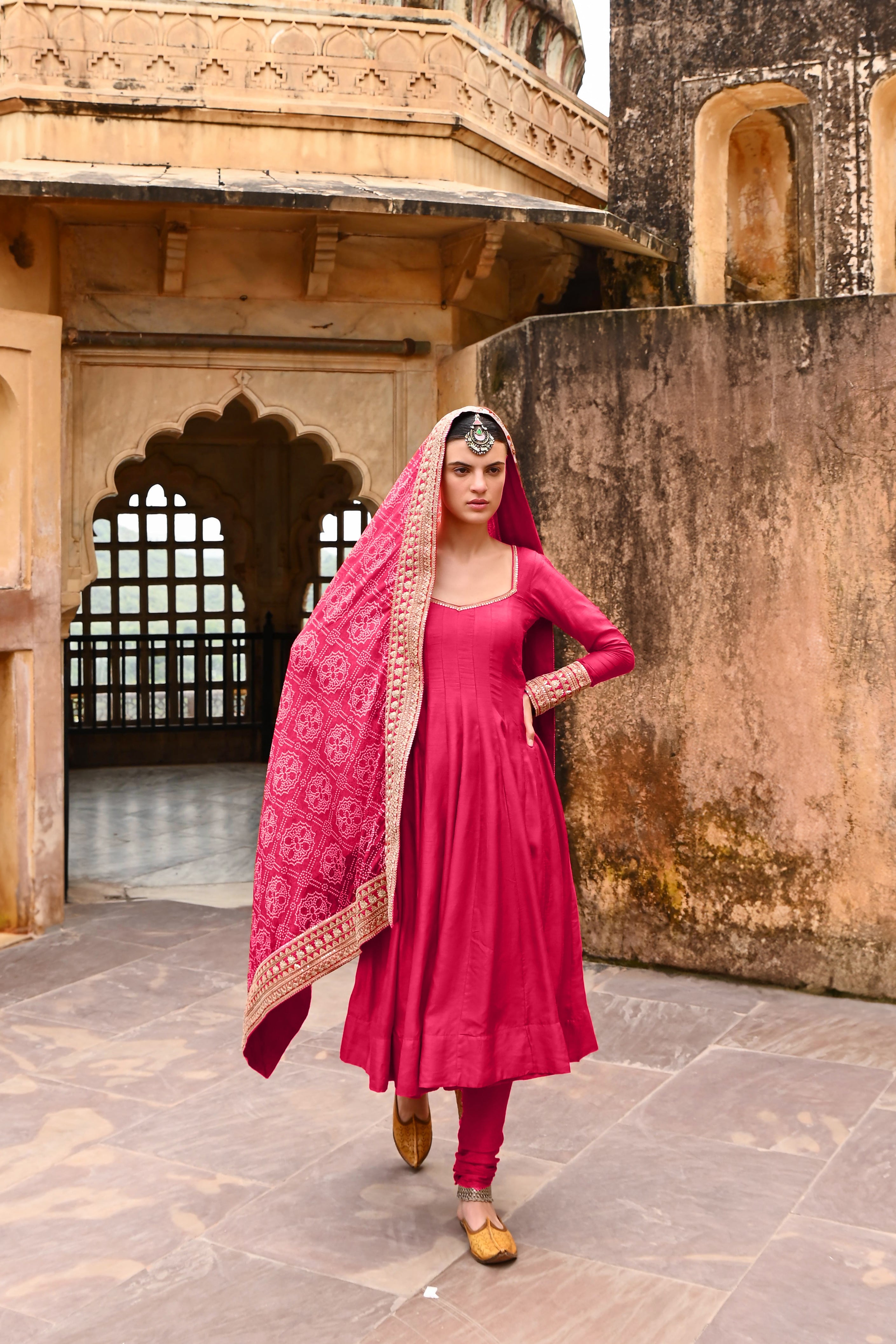 HOT PINK PURE DOLA SILK ANARKALI SET