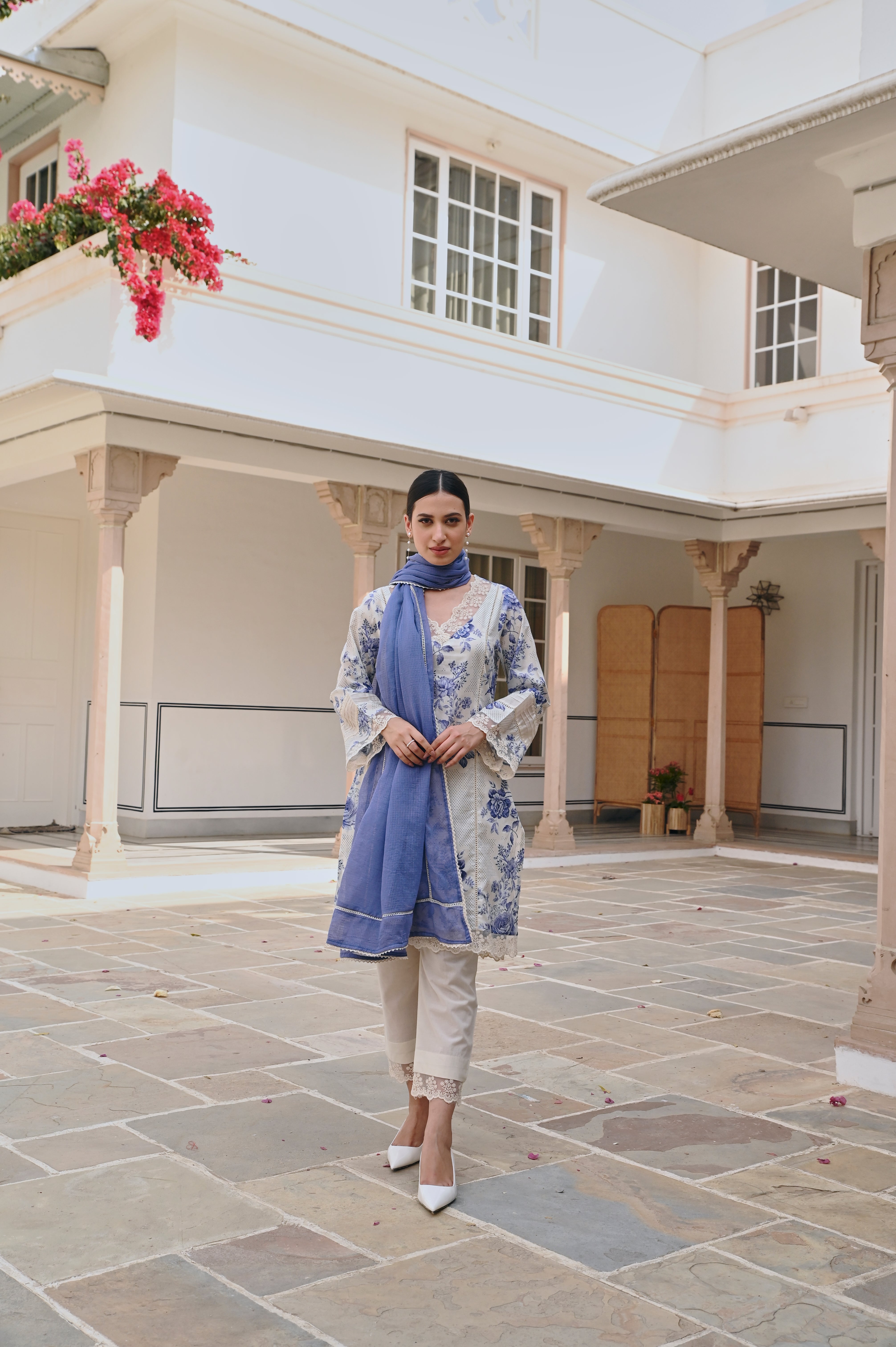 CREAM AND BLUE FLORAL SHORT KURTA SET