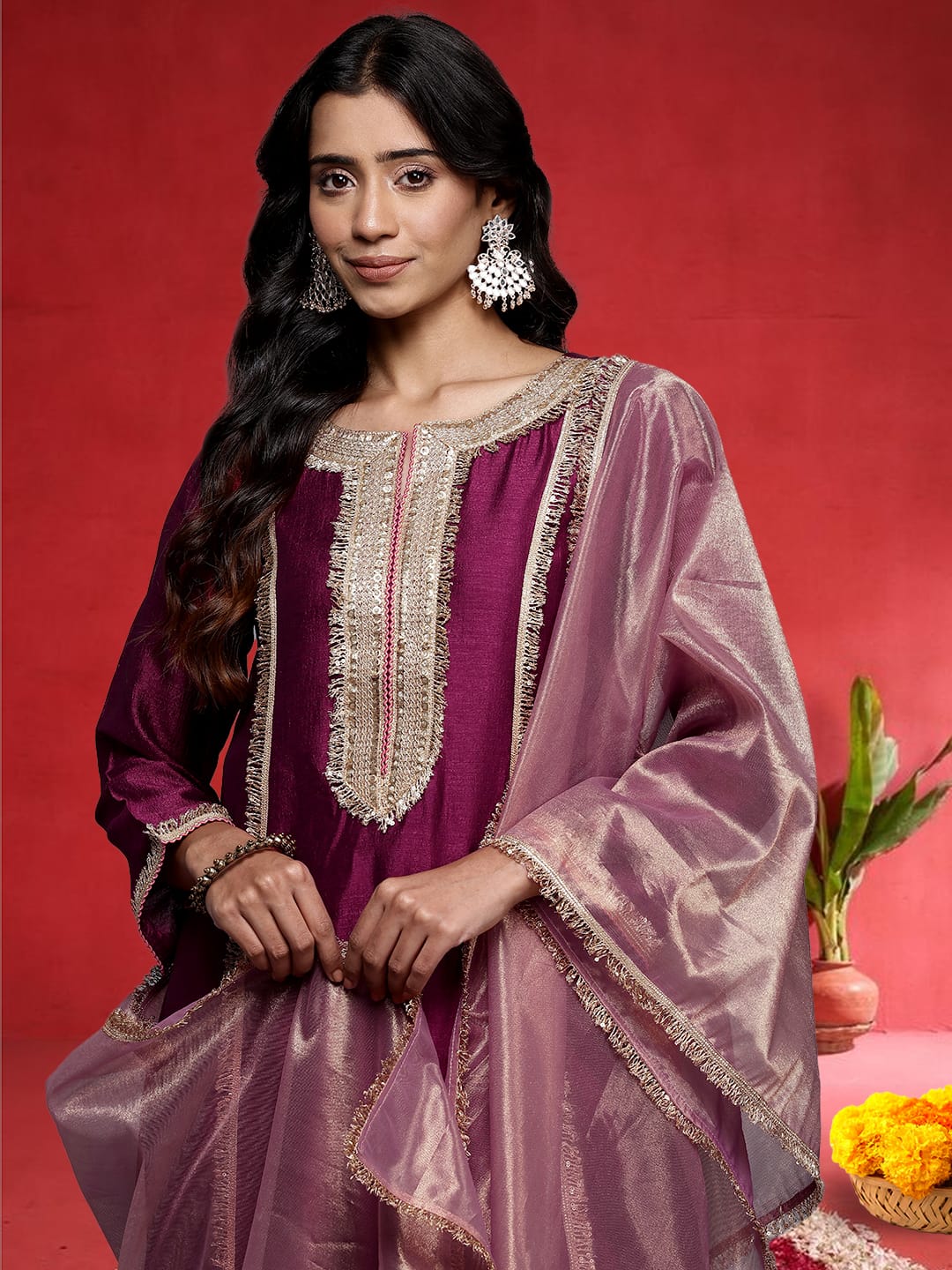 zeyvelle Women Wine Zari Lace Embellished Anarkali Kurta With Trousers And Tissue Dupatta.