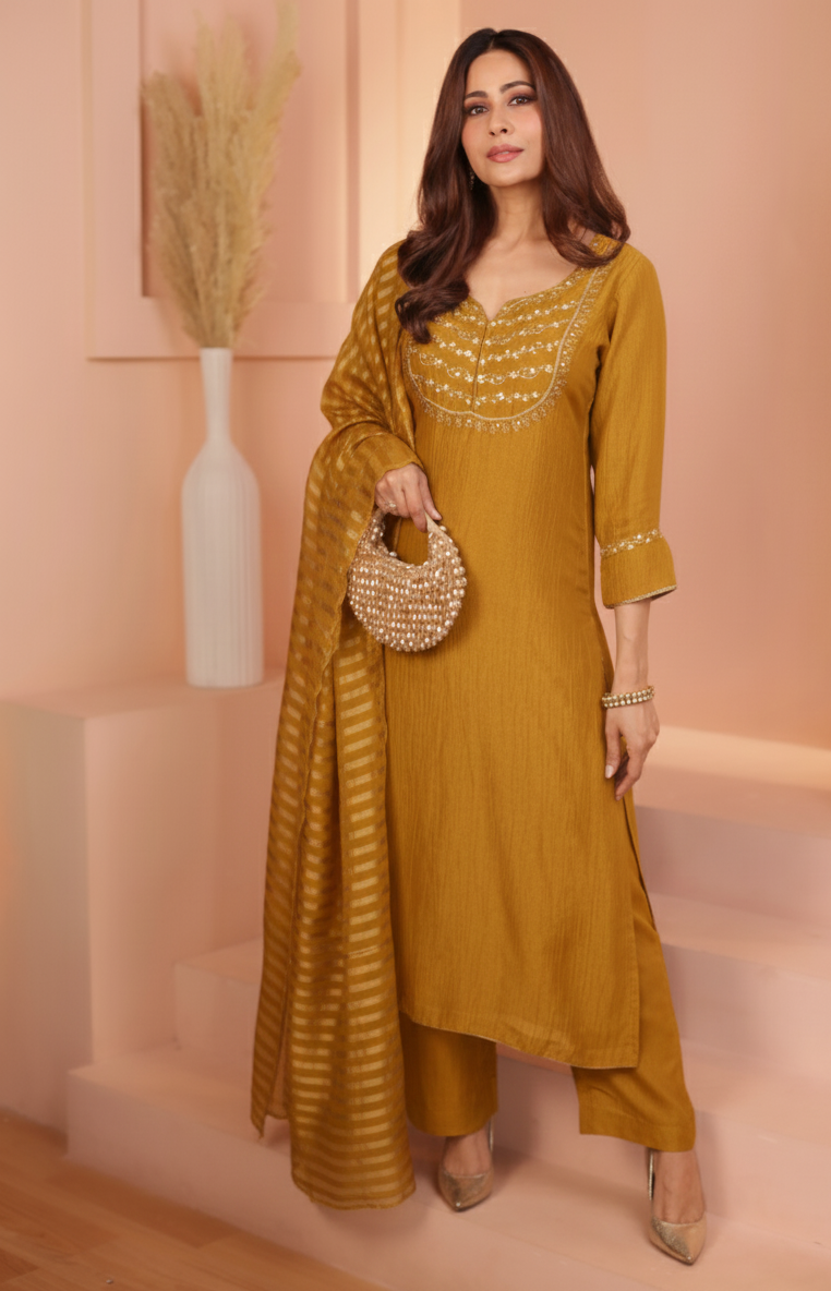 MUSTARD CRUSHED TISSUE KURTA SET