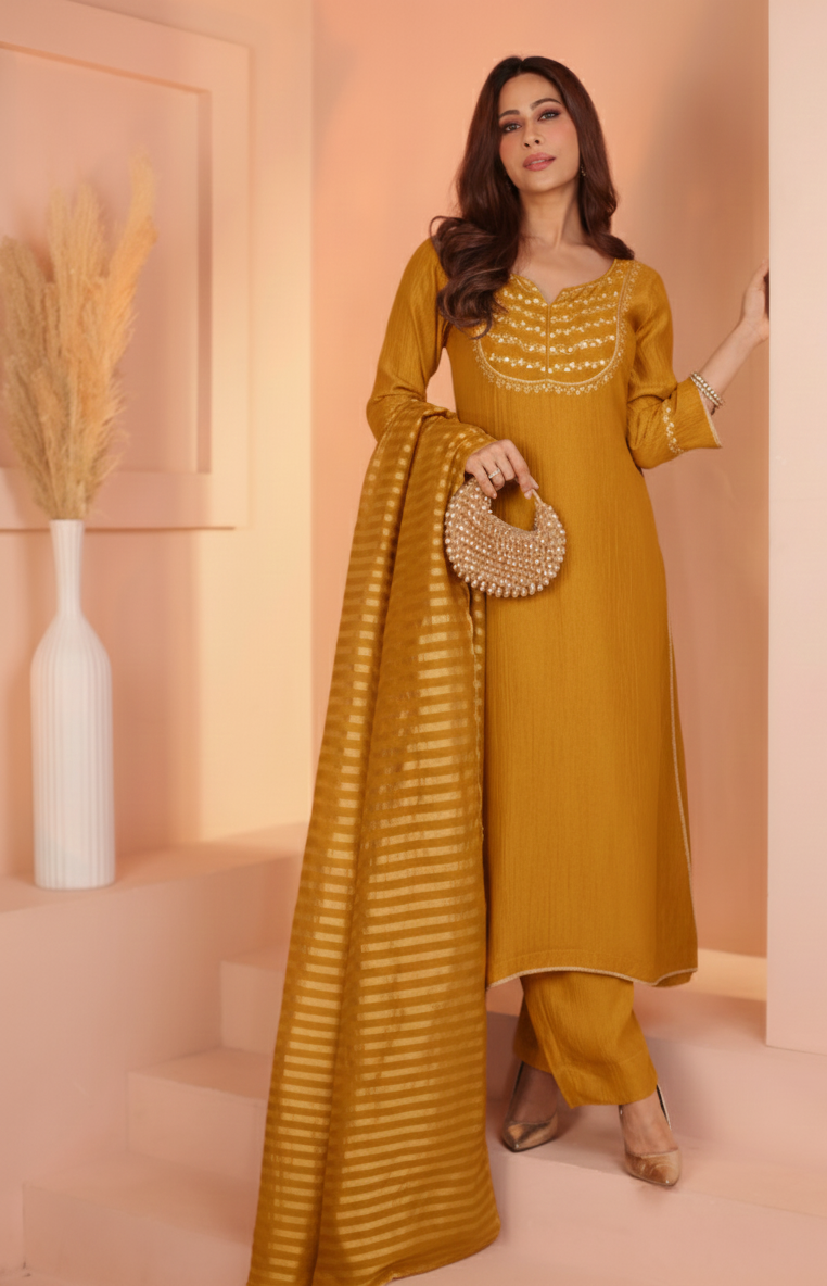 MUSTARD CRUSHED TISSUE KURTA SET